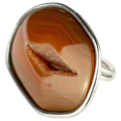 Natural Agate Raw Druzy Color Brown 925 Sterling Silver Handmade Cocktail Ring
