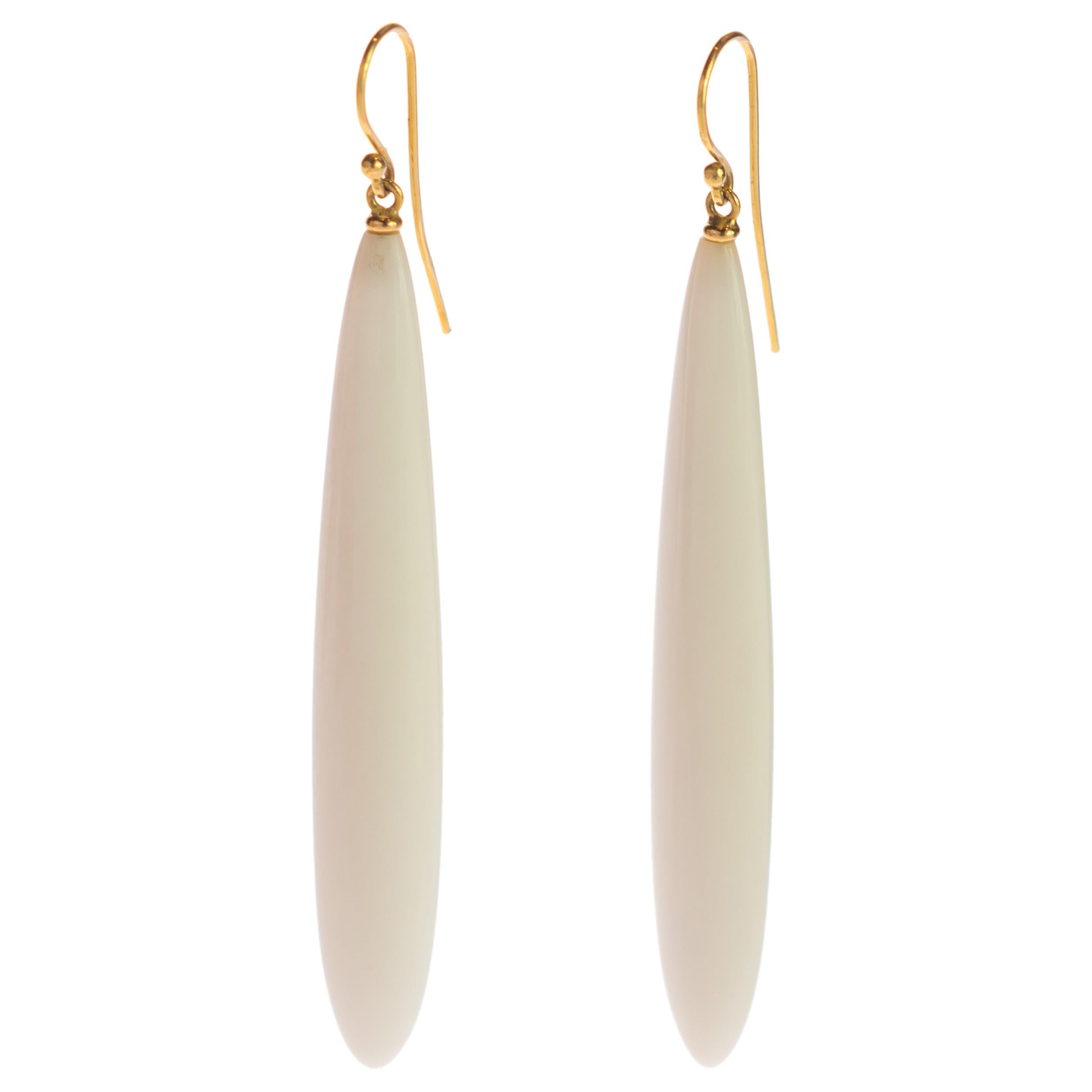 Natural Agate White Drops 18 Karat Yellow Gold Long Sharp Flat Dangle Earrings