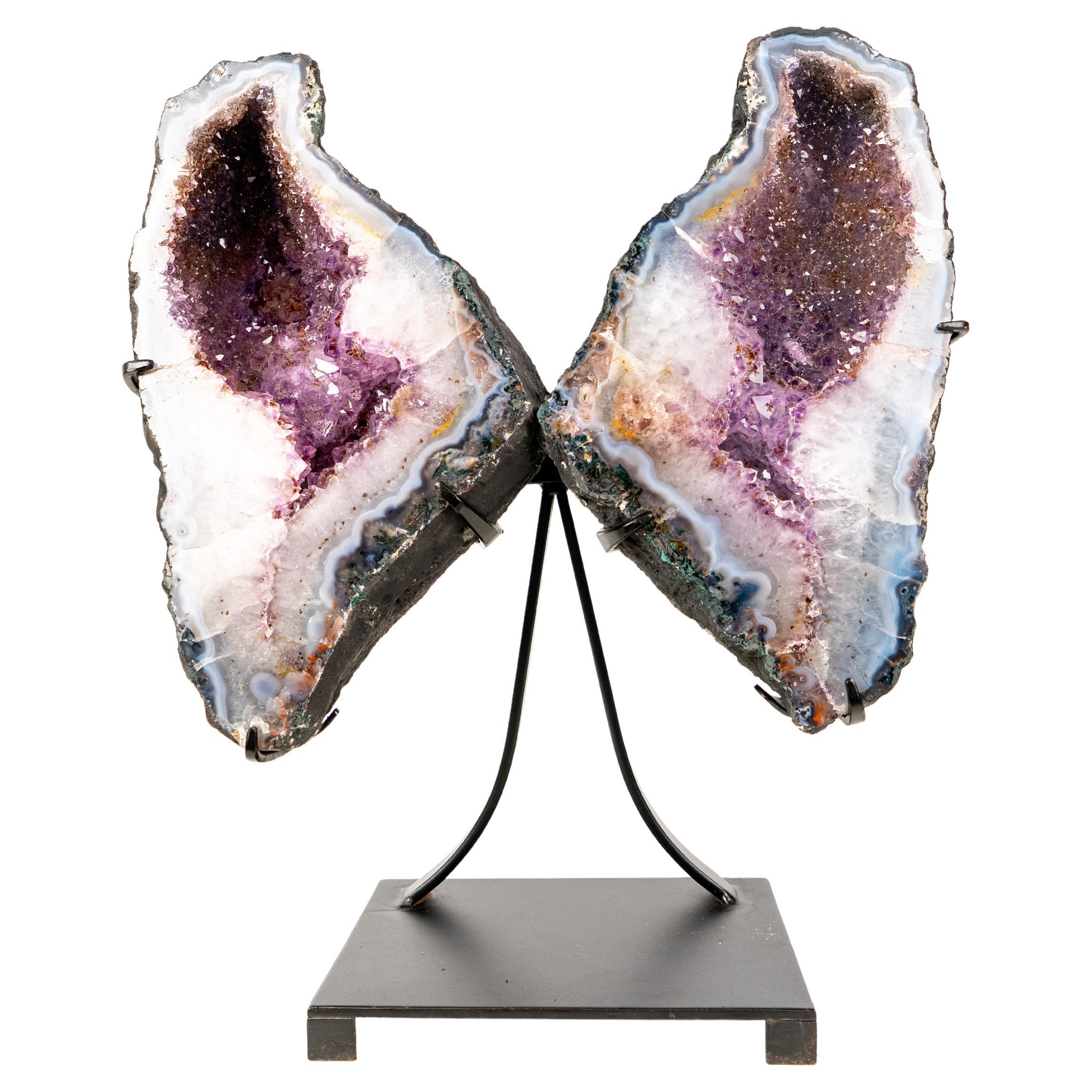 Agata naturale con ali di geode farfalla in ametista