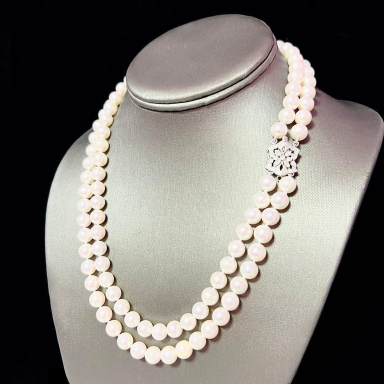 Natural Akoya Pearl Diamond 2 Stranded Necklace 14k W Gold Certified
