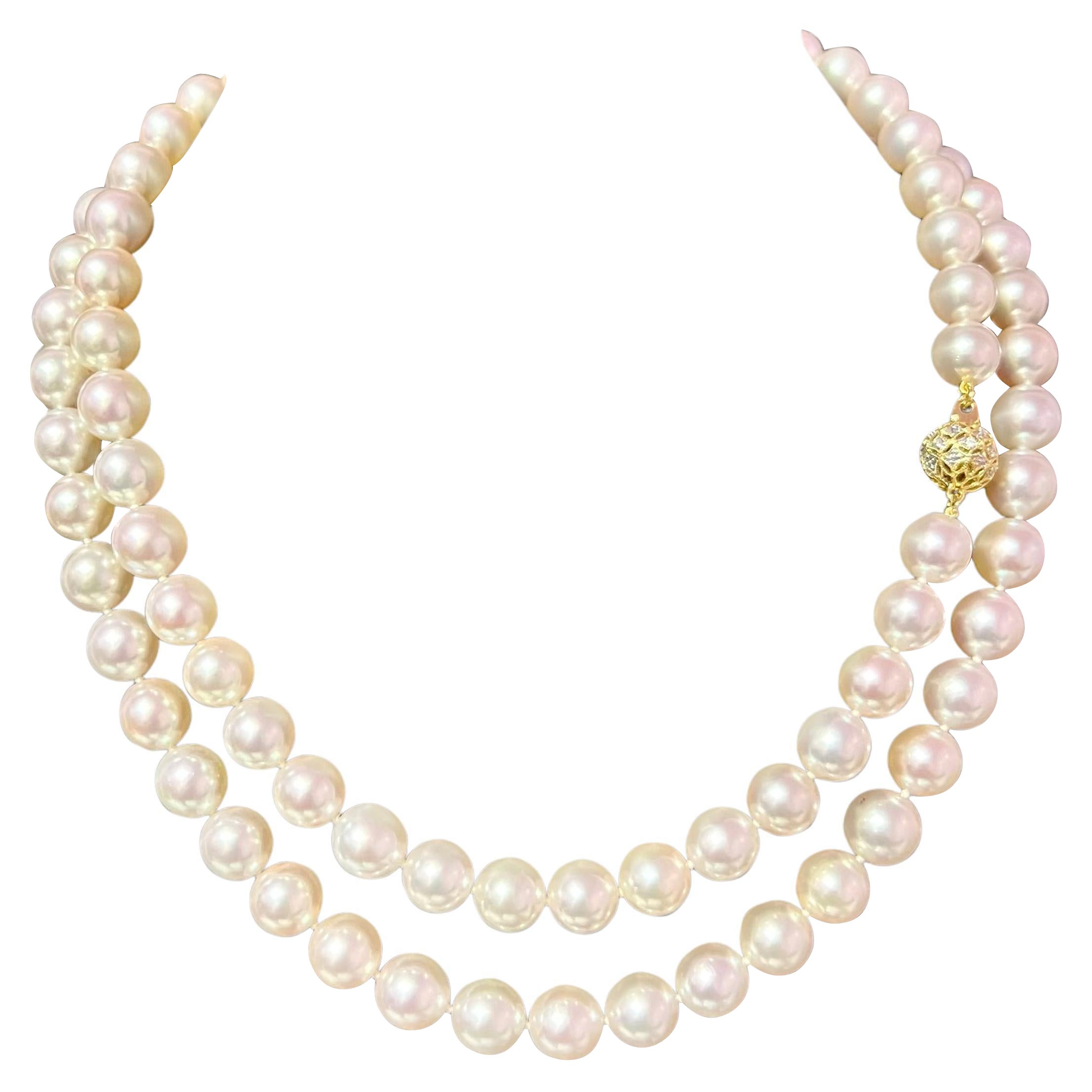 Natürliche Akoya Perle Diamant-Halskette 35" 14k Gelbgold 9,5 mm zertifiziert