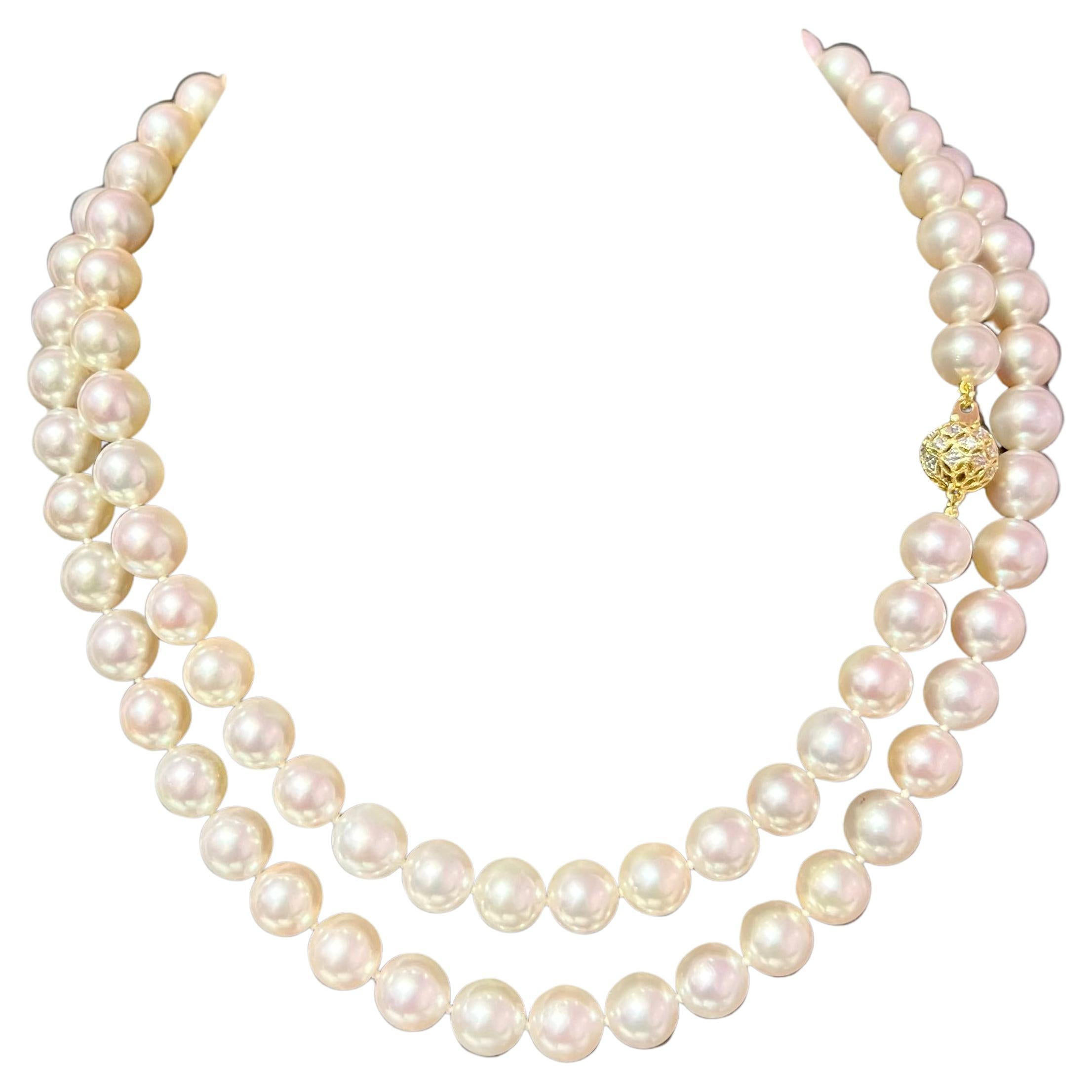 Natural Akoya Pearl Diamond Necklace 35" 14k Yellow Gold 9.5 mm Certified For Sale
