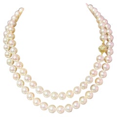 Collier de Perles d'Akoya Naturelles Diamantées Or Jaune 14k 9.5 mm Certifié
