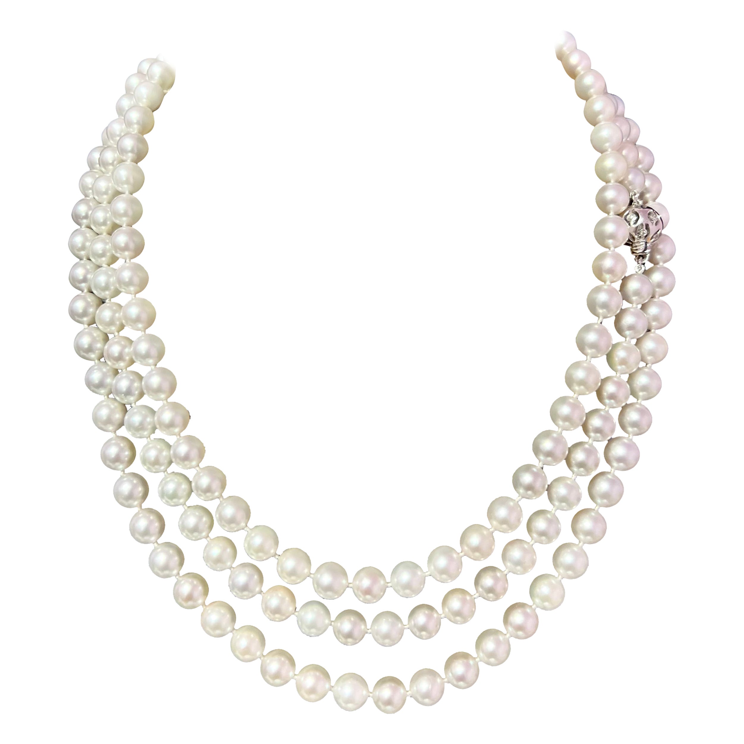 Natürliche Akoya-Perlen-Diamant-Halskette 49" 18k Weißgold 7 mm zertifiziert im Angebot