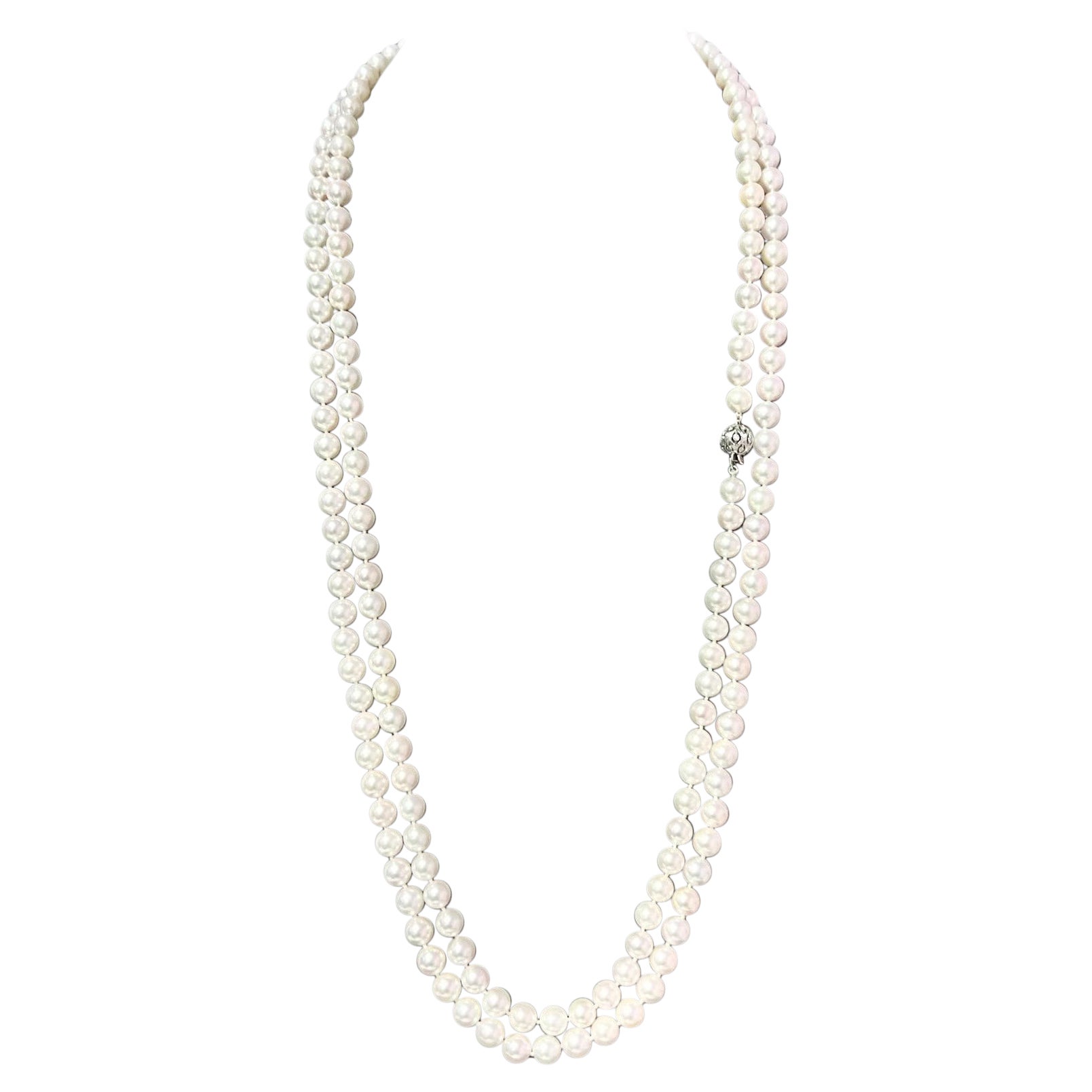Natürliche Akoya-Perlen-Diamant-Halskette 60,5" 18k Weißgold 8 mm zertifiziert