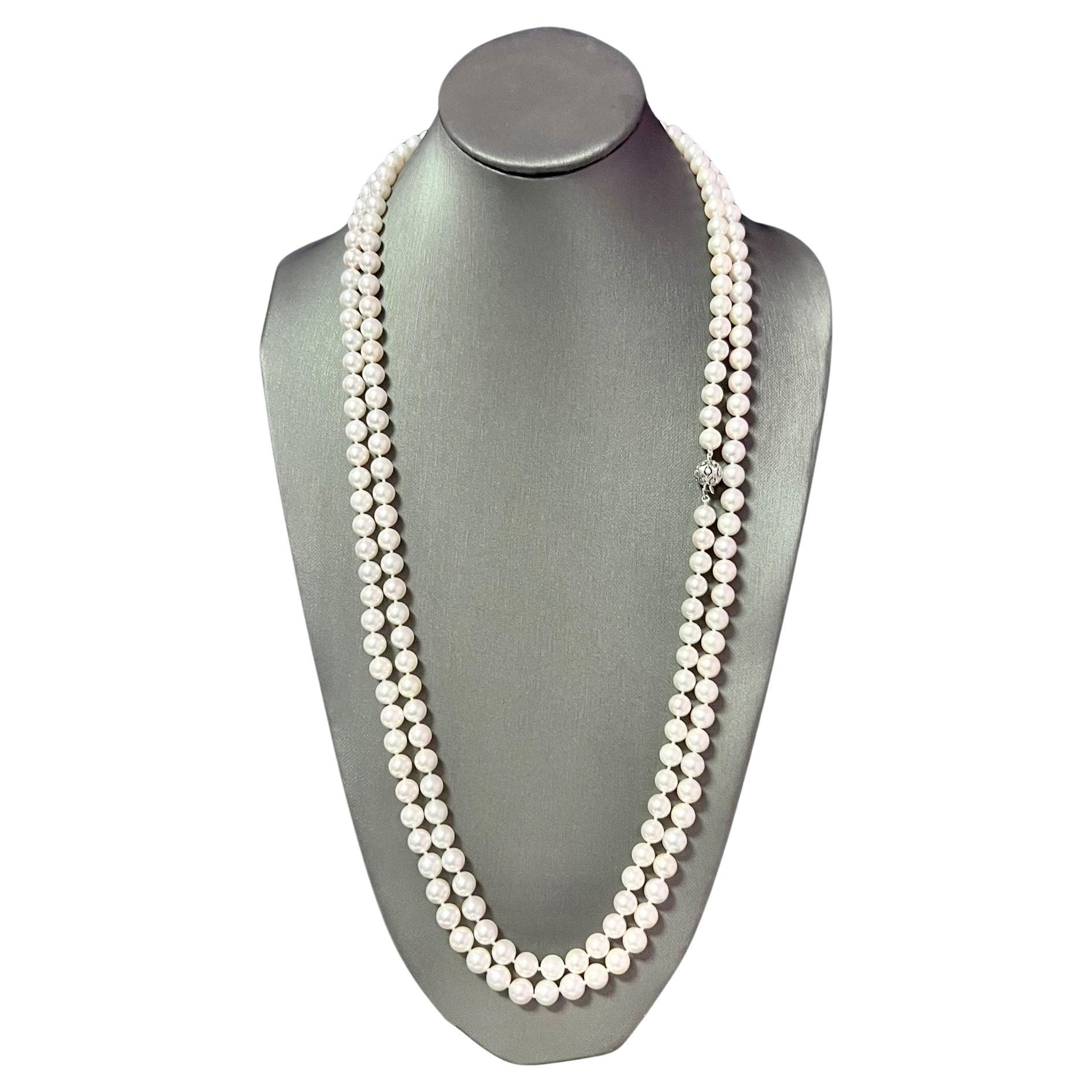 Natural Akoya Pearl Diamond Necklace 60.5" 18k White Gold 8 mm Certified For Sale