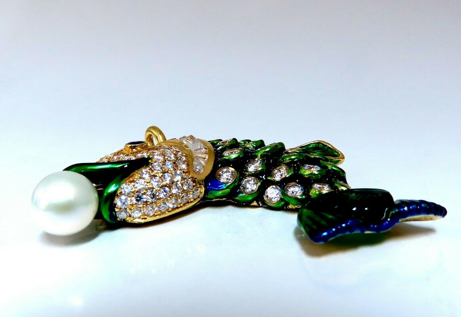Round Cut Natural Akoya Pearl Sapphire Emerald and Diamonds Enamel Fish Pendant 18 Karat For Sale