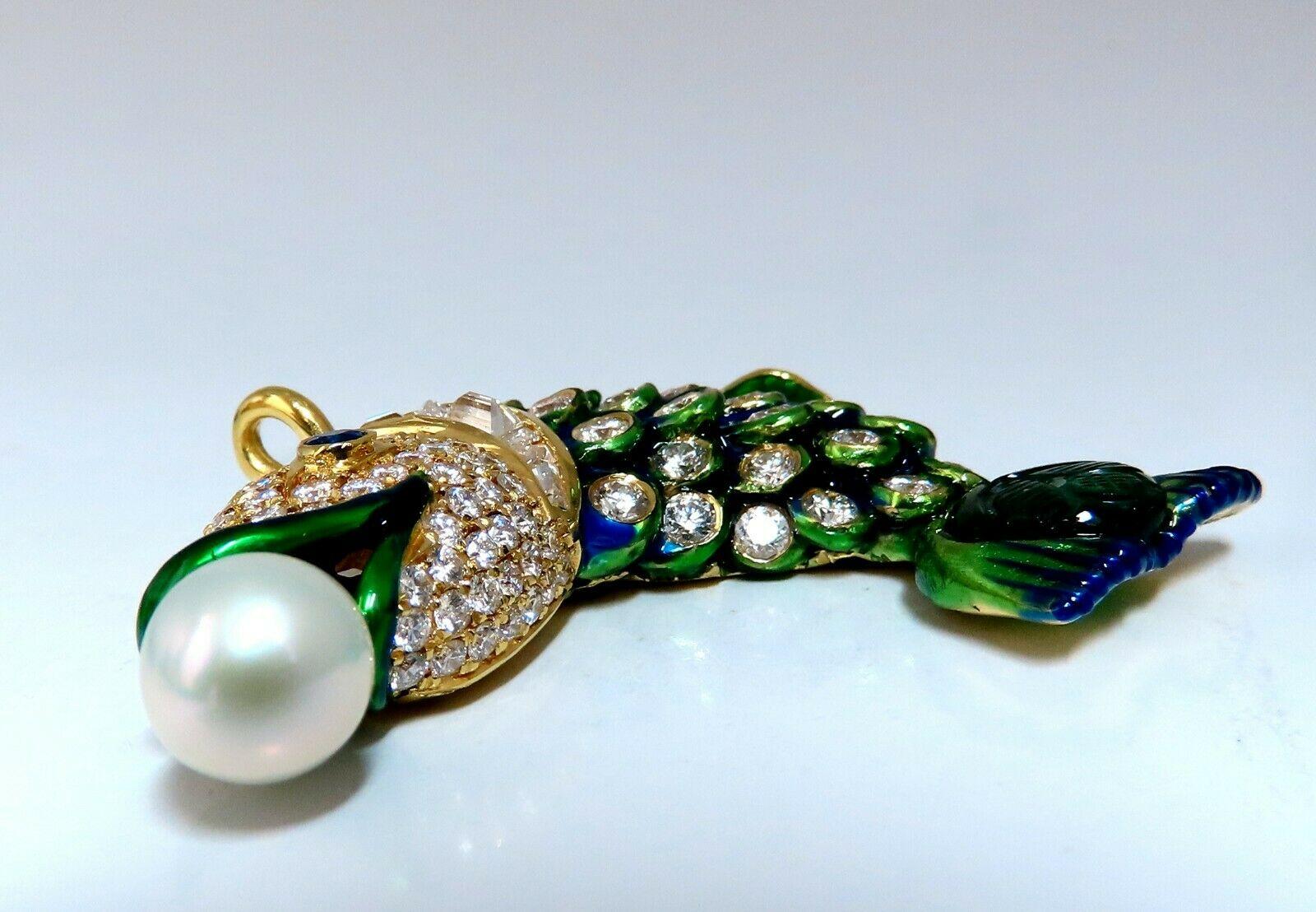 Natural Akoya Pearl Sapphire Emerald and Diamonds Enamel Fish Pendant 18 Karat In New Condition For Sale In New York, NY
