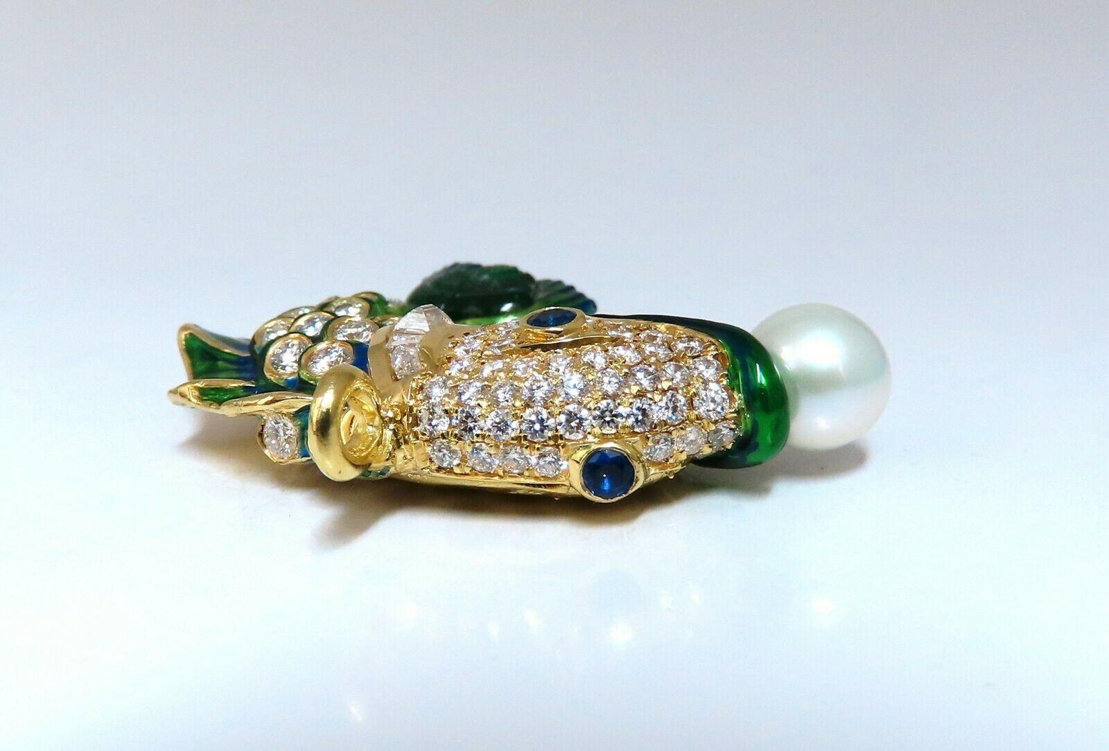 Women's or Men's Natural Akoya Pearl Sapphire Emerald and Diamonds Enamel Fish Pendant 18 Karat For Sale