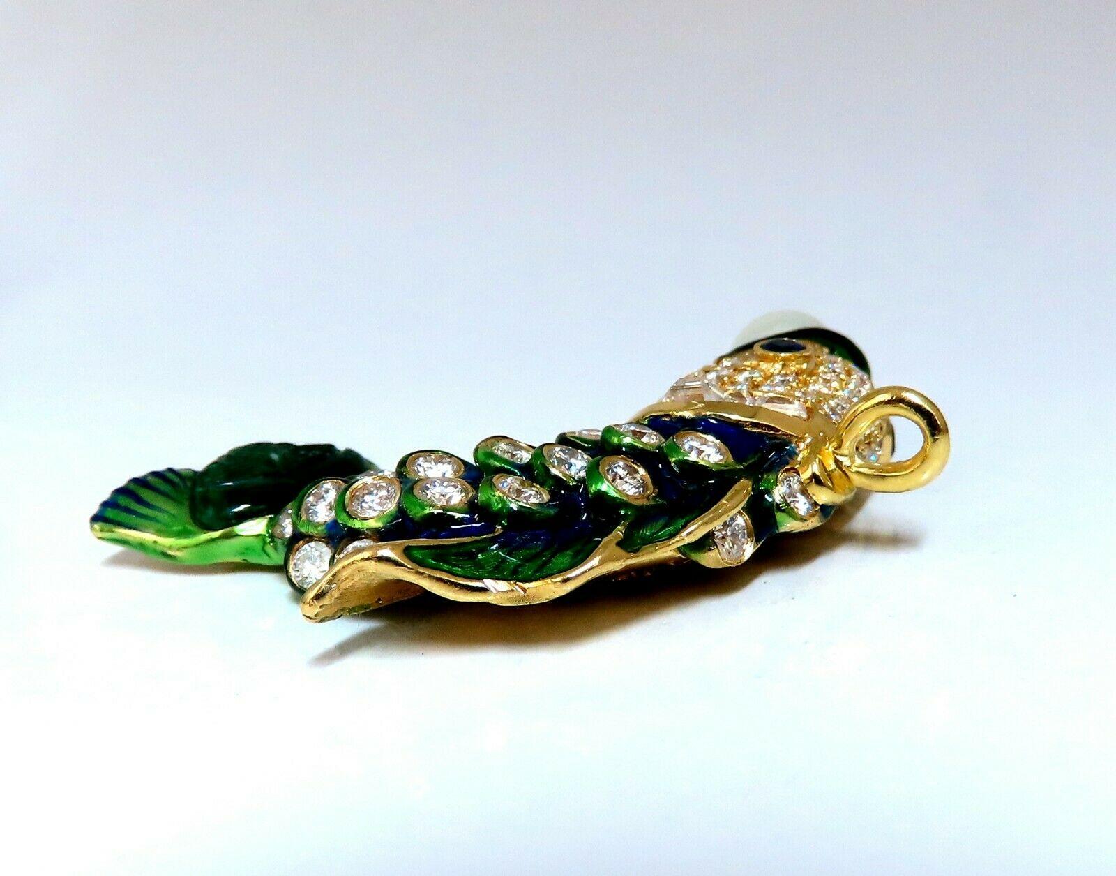 Natural Akoya Pearl Sapphire Emerald and Diamonds Enamel Fish Pendant 18 Karat For Sale 1
