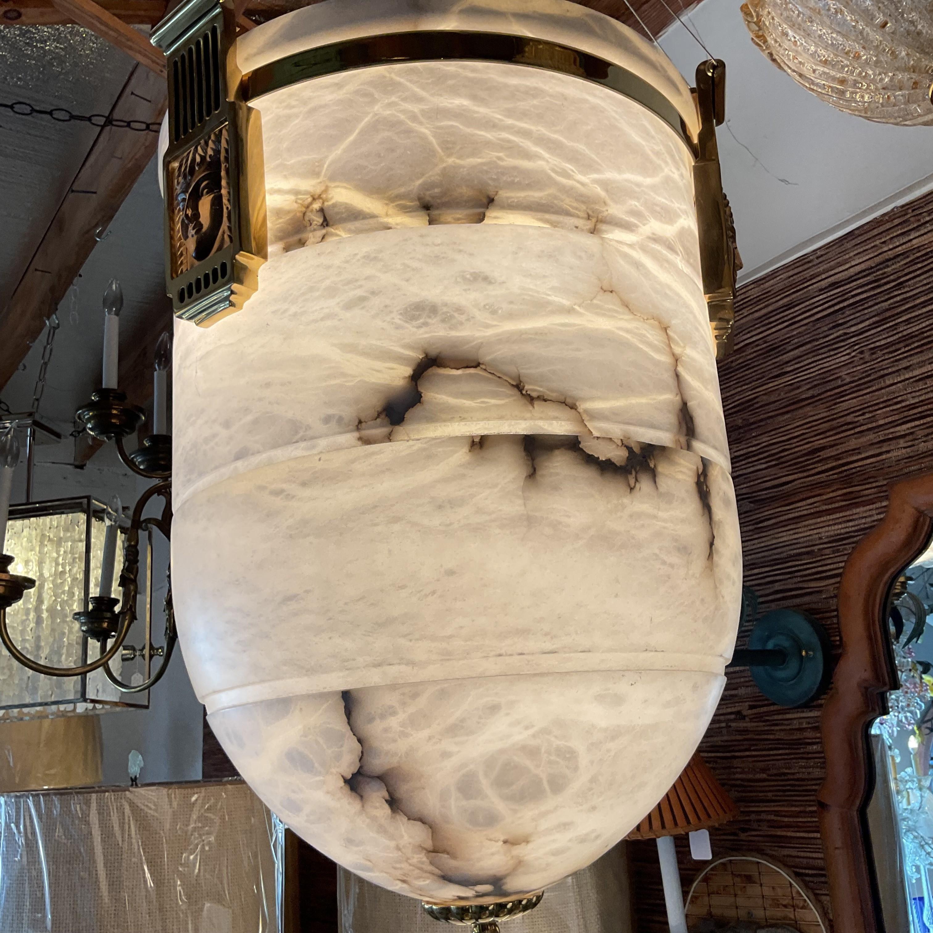 Natural Alabaster Brass and Glass Art Deco Pendant In Good Condition For Sale In West Palm Beach, FL