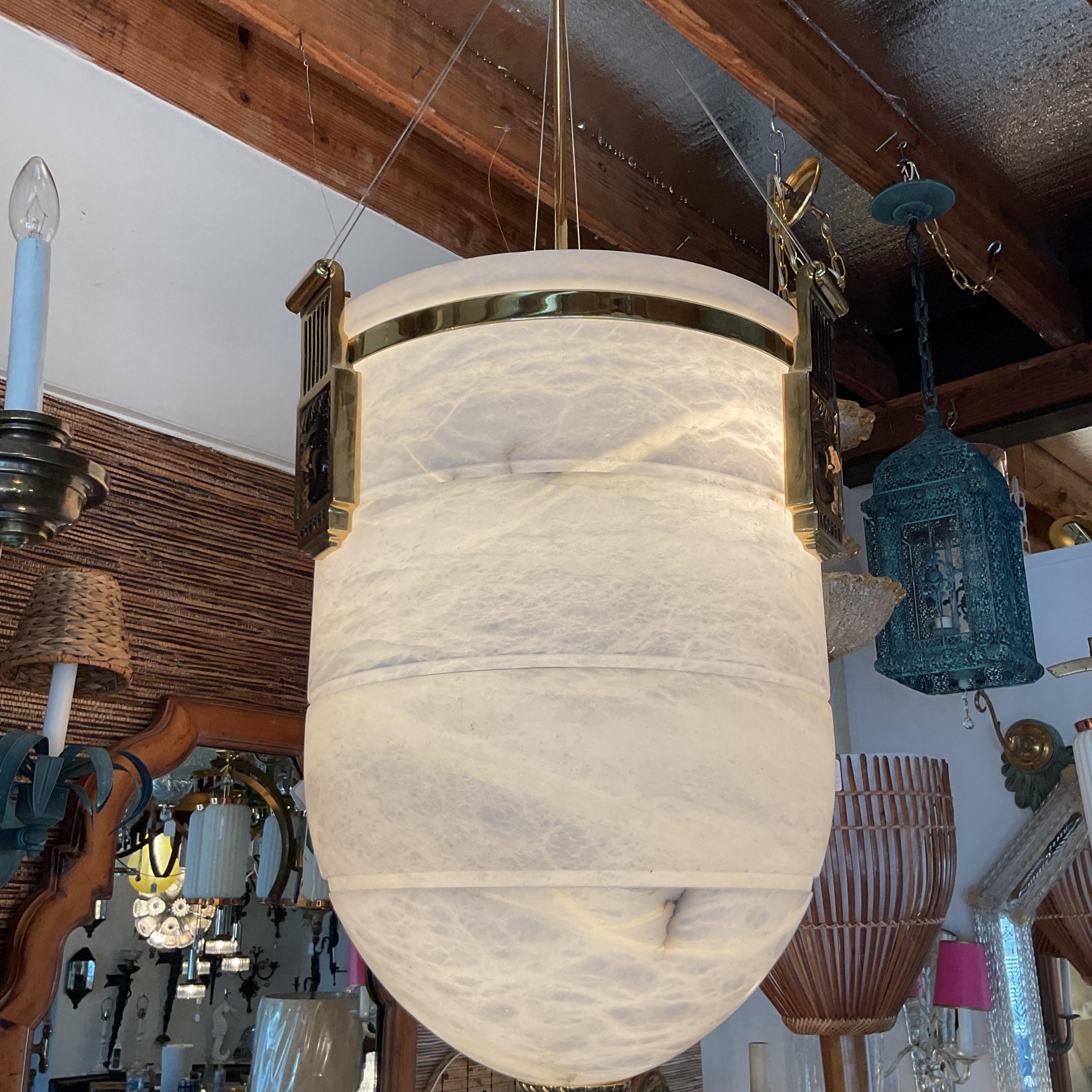 Late 20th Century Natural Alabaster Brass and Glass Art Deco Pendant For Sale