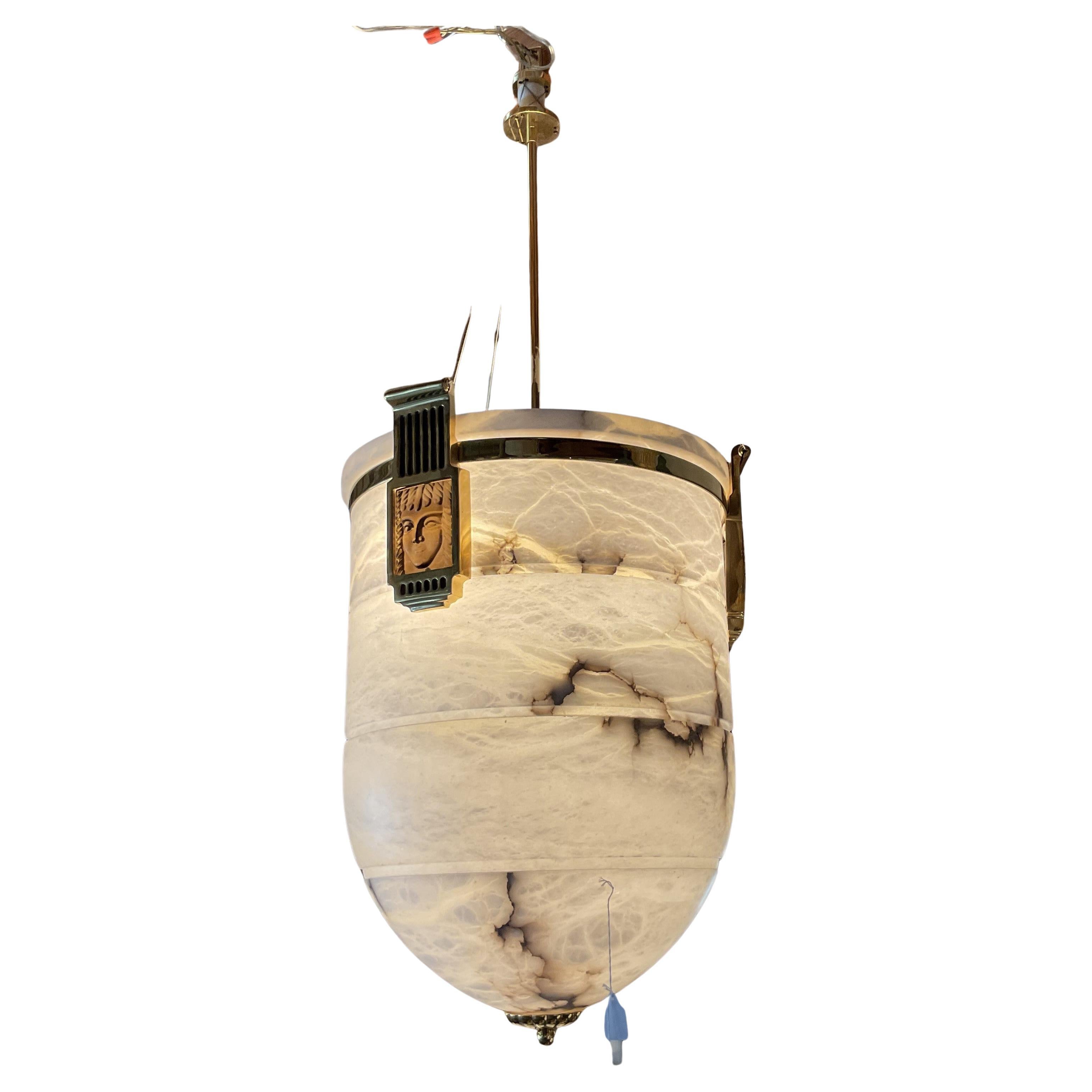 Natural Alabaster Brass and Glass Art Deco Pendant