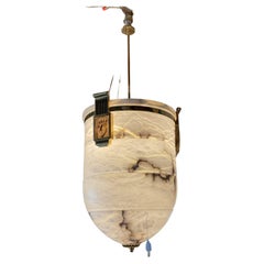 Natural Alabaster Brass and Glass Art Deco Pendant