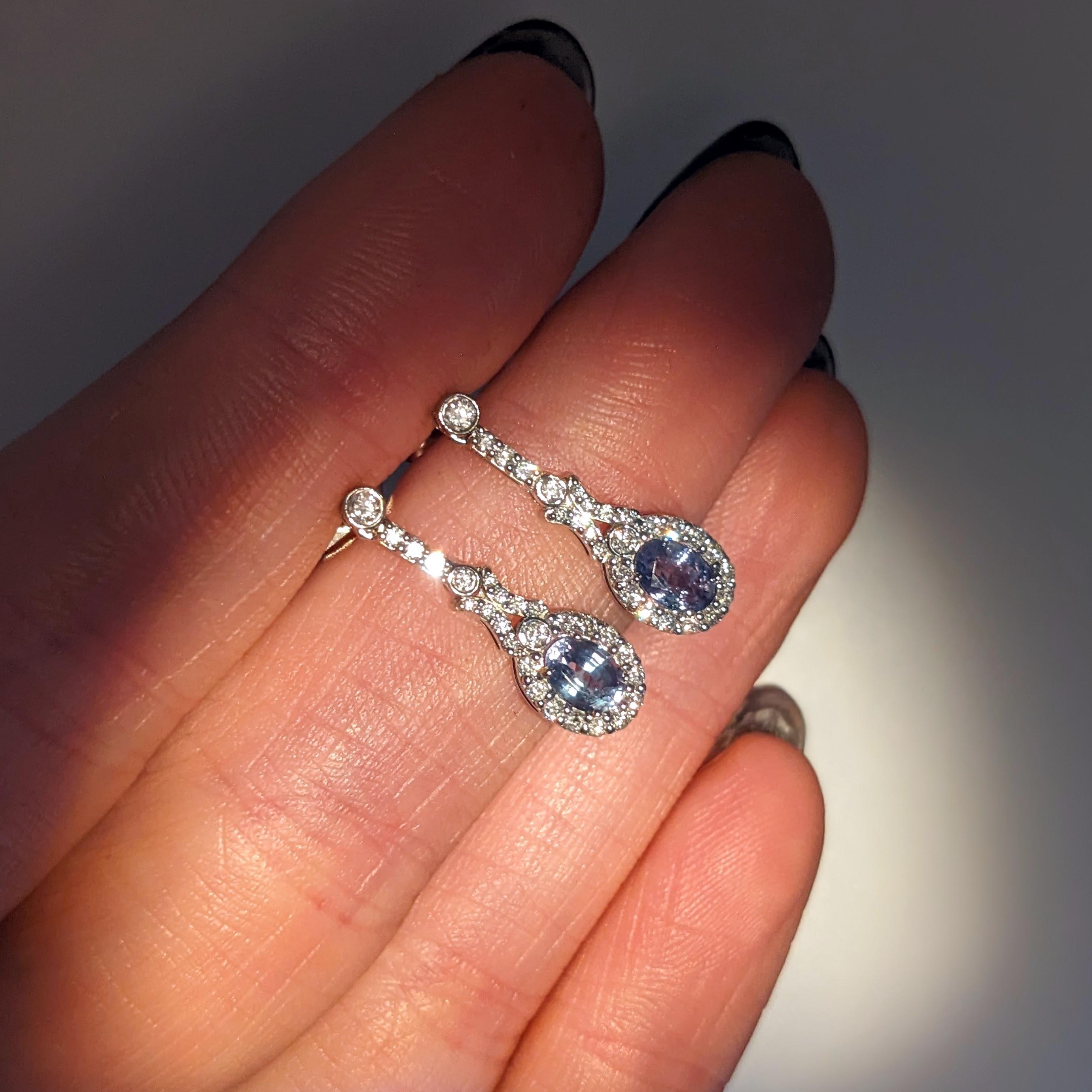 Oval Cut Natural Alexandrite Dangle Earrings w Earth Mined Diamonds in Solid 14K Gold For Sale
