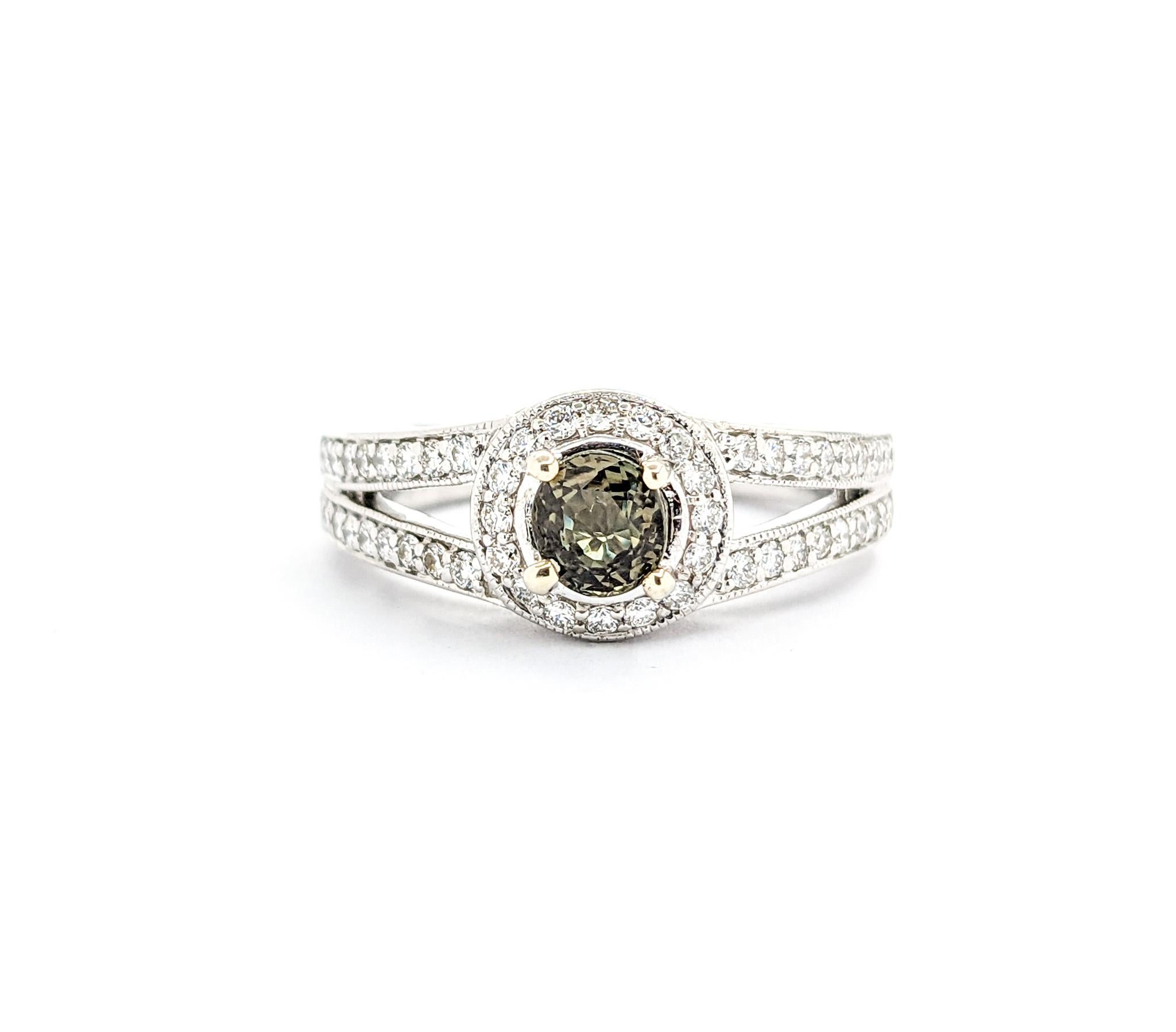 Contemporary Natural Alexandrite & Diamond Halo Ring In White Gold For Sale