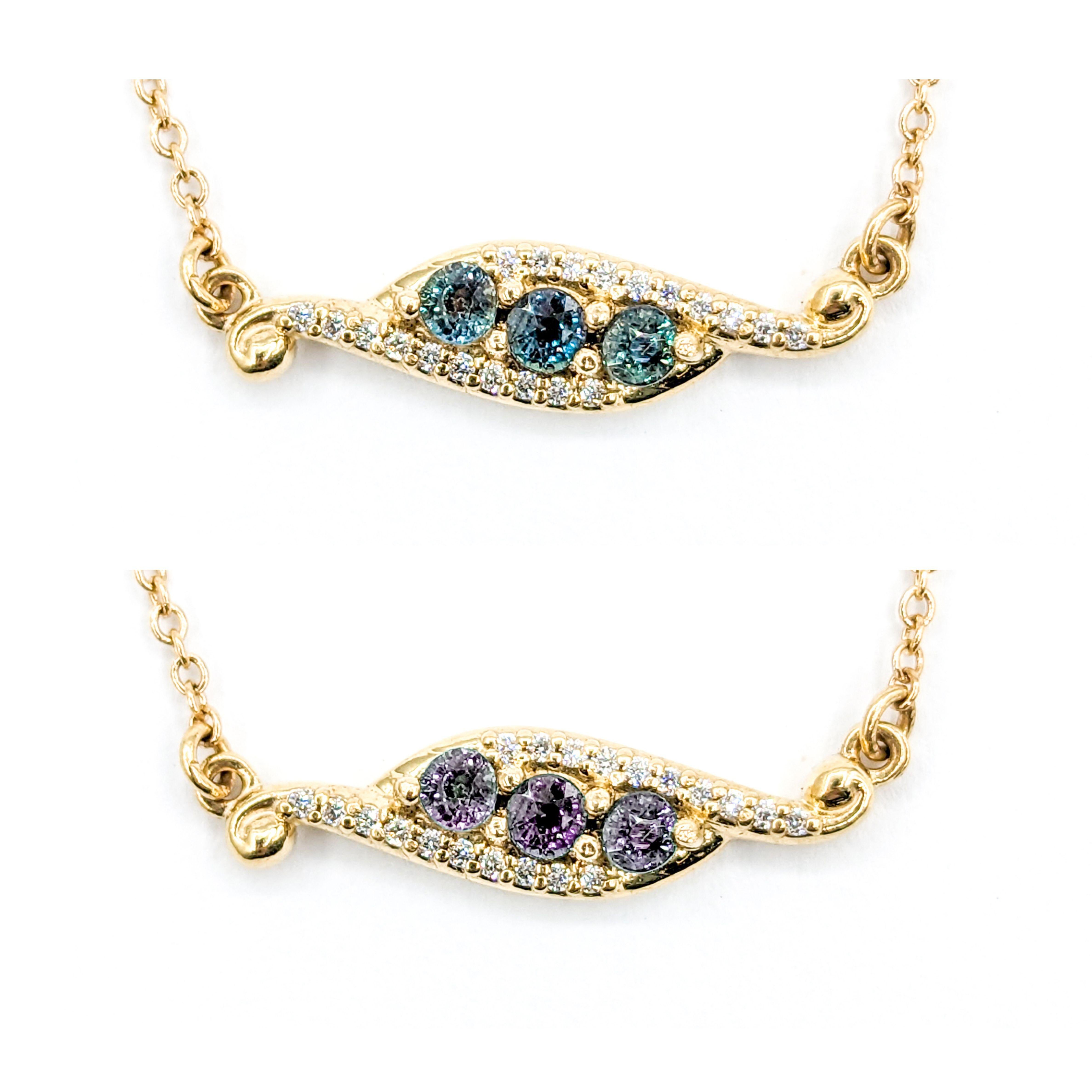 Natural Alexandrite & Diamond Necklace 3-Stone Yellow Gold

Introducing this exquisite Necklace, a creation of 14kt Yellow Gold, graced with a 3-Stone Bar featuring
.04ctw Diamonds that radiate with SI clarity and a Near Colorless essence.
