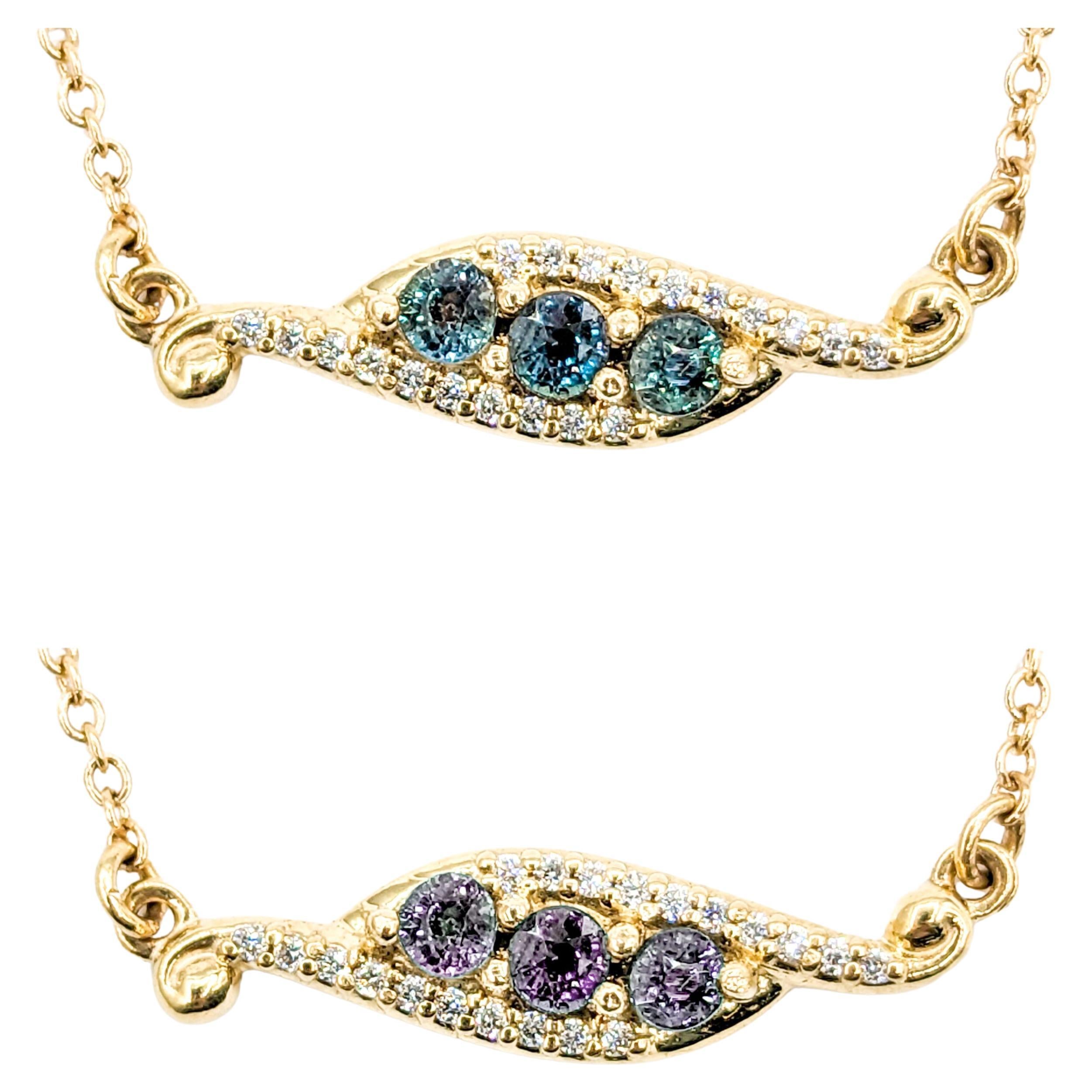 Natural Alexandrite & Diamond Necklace 3-Stone Yellow Gold For Sale