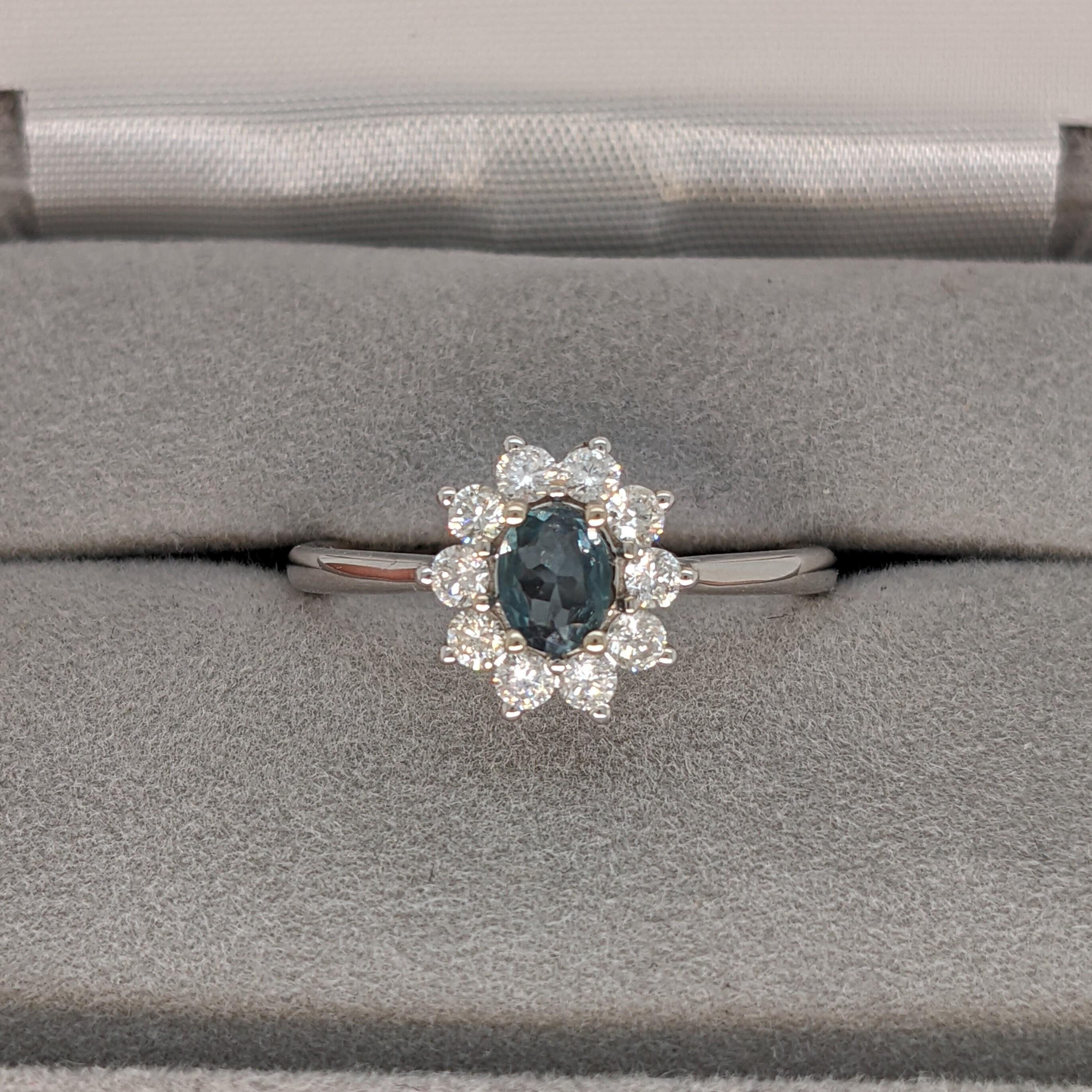 Oval Cut Natural Alexandrite Ring in Solid 14K White Gold with Natural Diamonds Oval 5x4