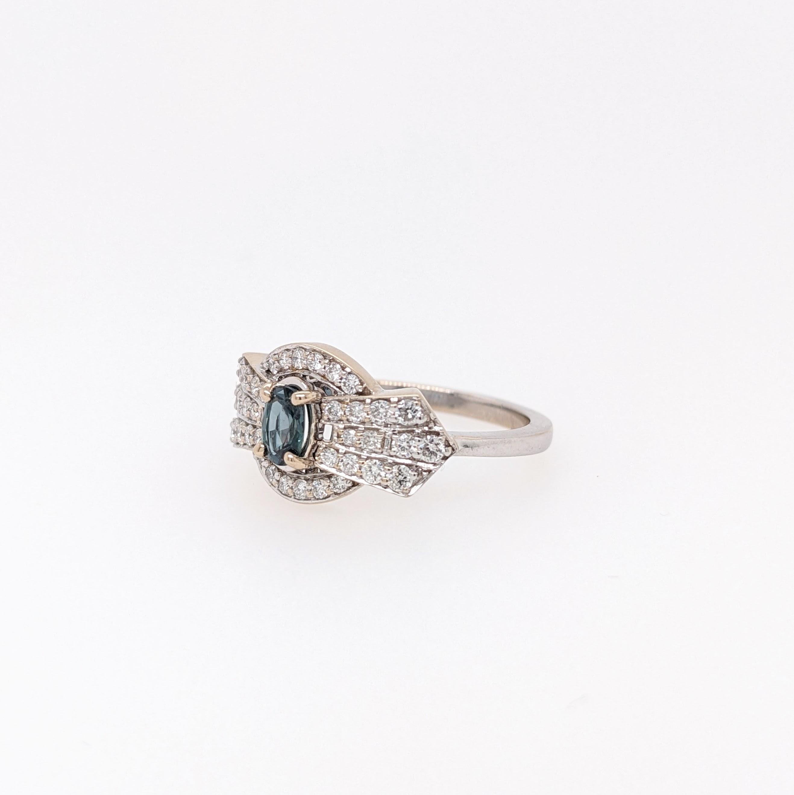 Victorian Natural Alexandrite Ring w Diamond Accents in Solid 14k White Gold Oval 6x4mm