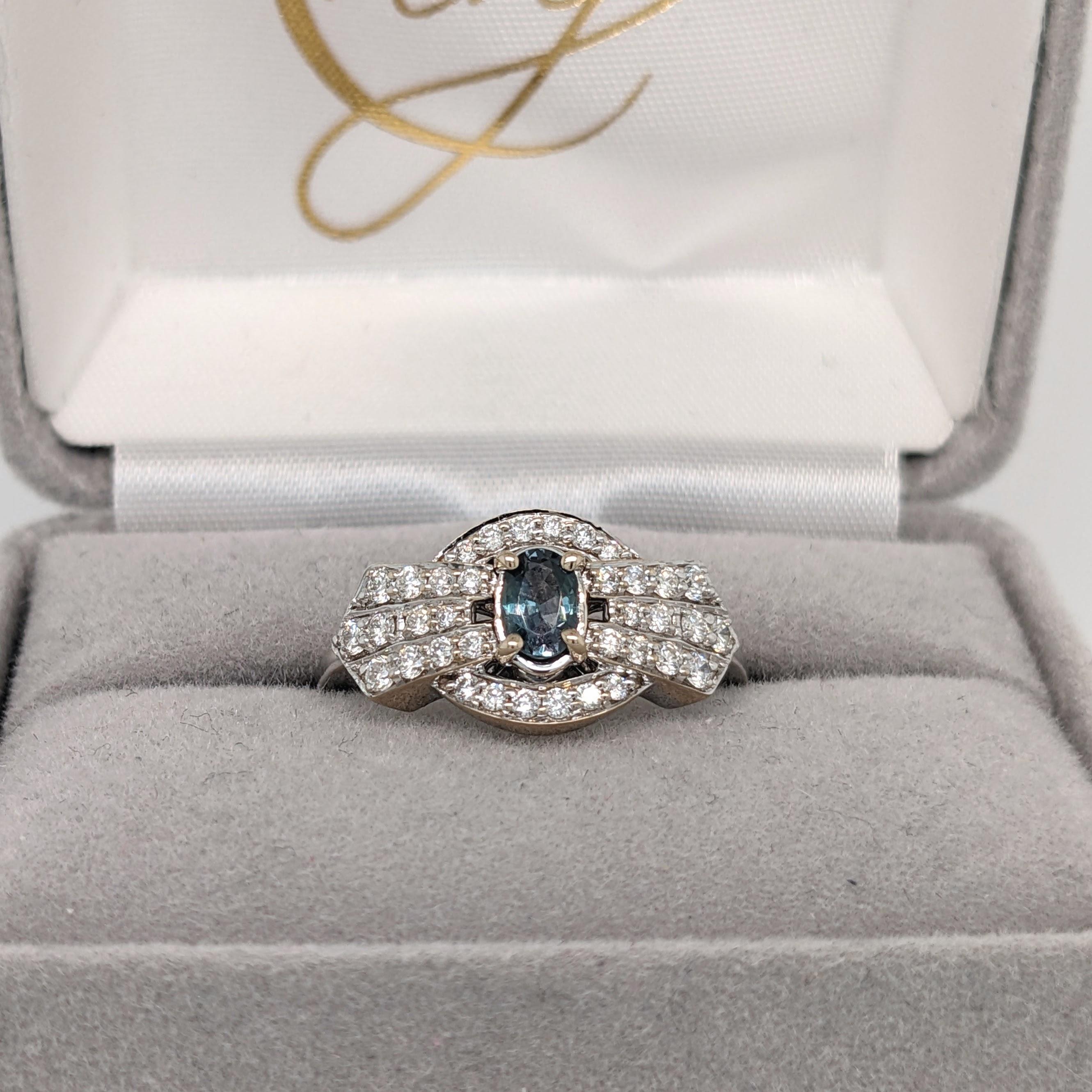 Women's Natural Alexandrite Ring w Diamond Accents in Solid 14k White Gold Oval 6x4mm