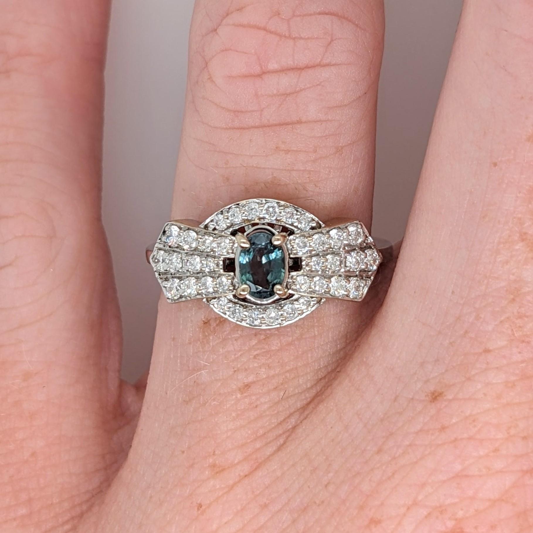 Natural Alexandrite Ring w Diamond Accents in Solid 14k White Gold Oval 6x4mm 1