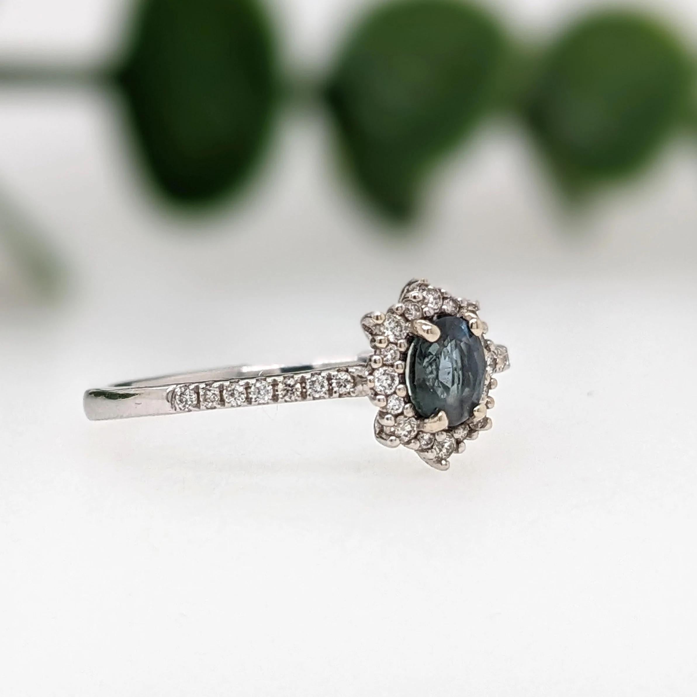 Modern Natural Alexandrite Ring w Diamond Halo in Solid 14k White Gold Oval 5x3.5mm For Sale