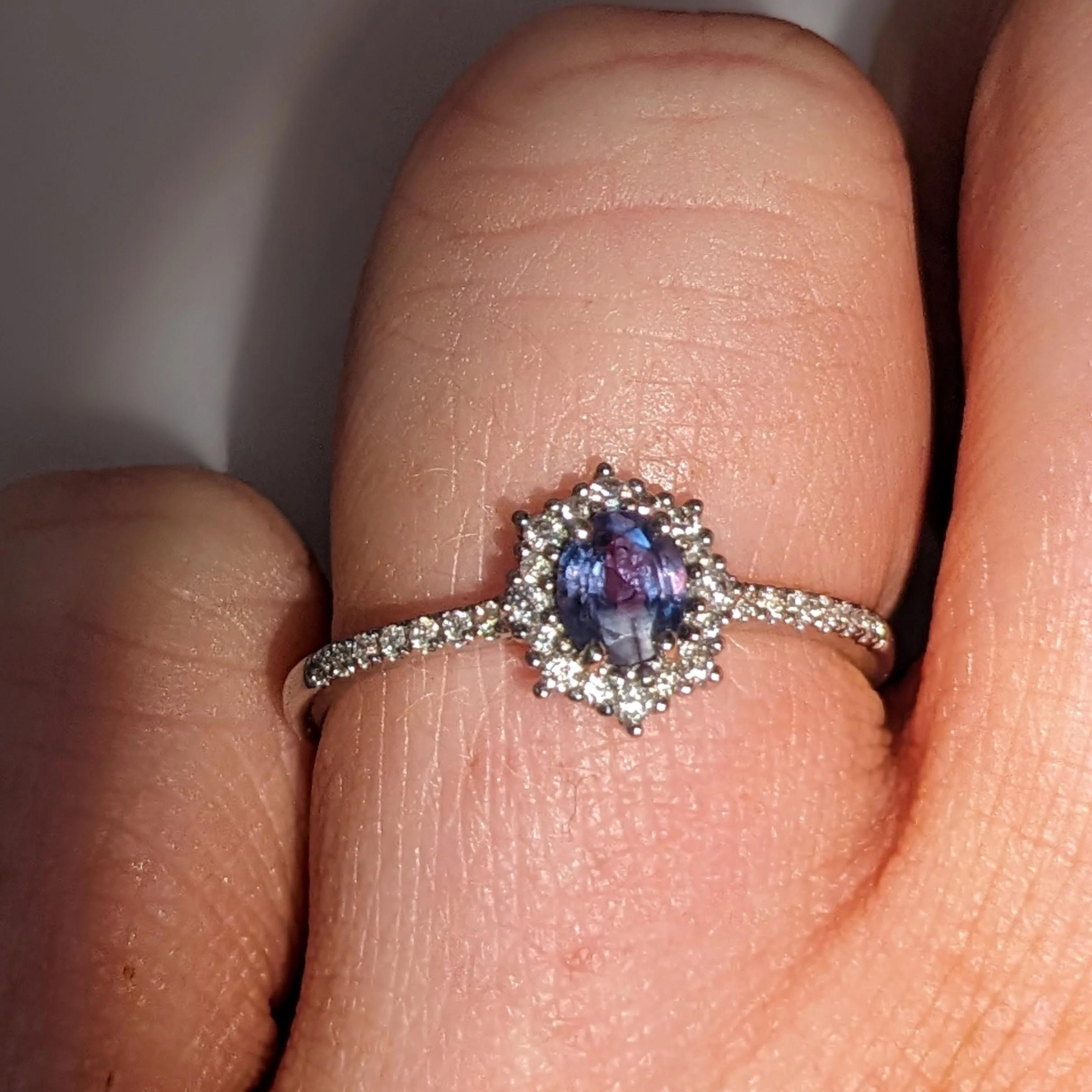 Natural Alexandrite Ring w Diamond Halo in Solid 14k White Gold Oval 5x3.5mm In New Condition For Sale In Columbus, OH