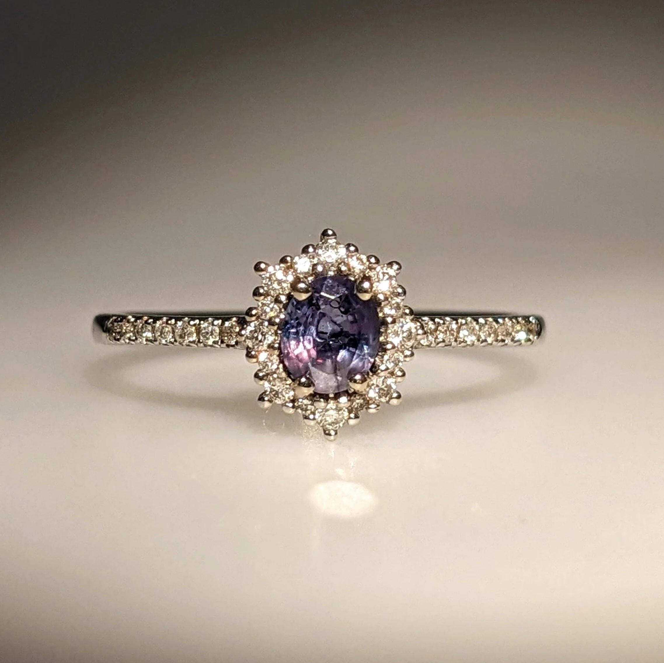 Women's Natural Alexandrite Ring w Diamond Halo in Solid 14k White Gold Oval 5x3.5mm For Sale