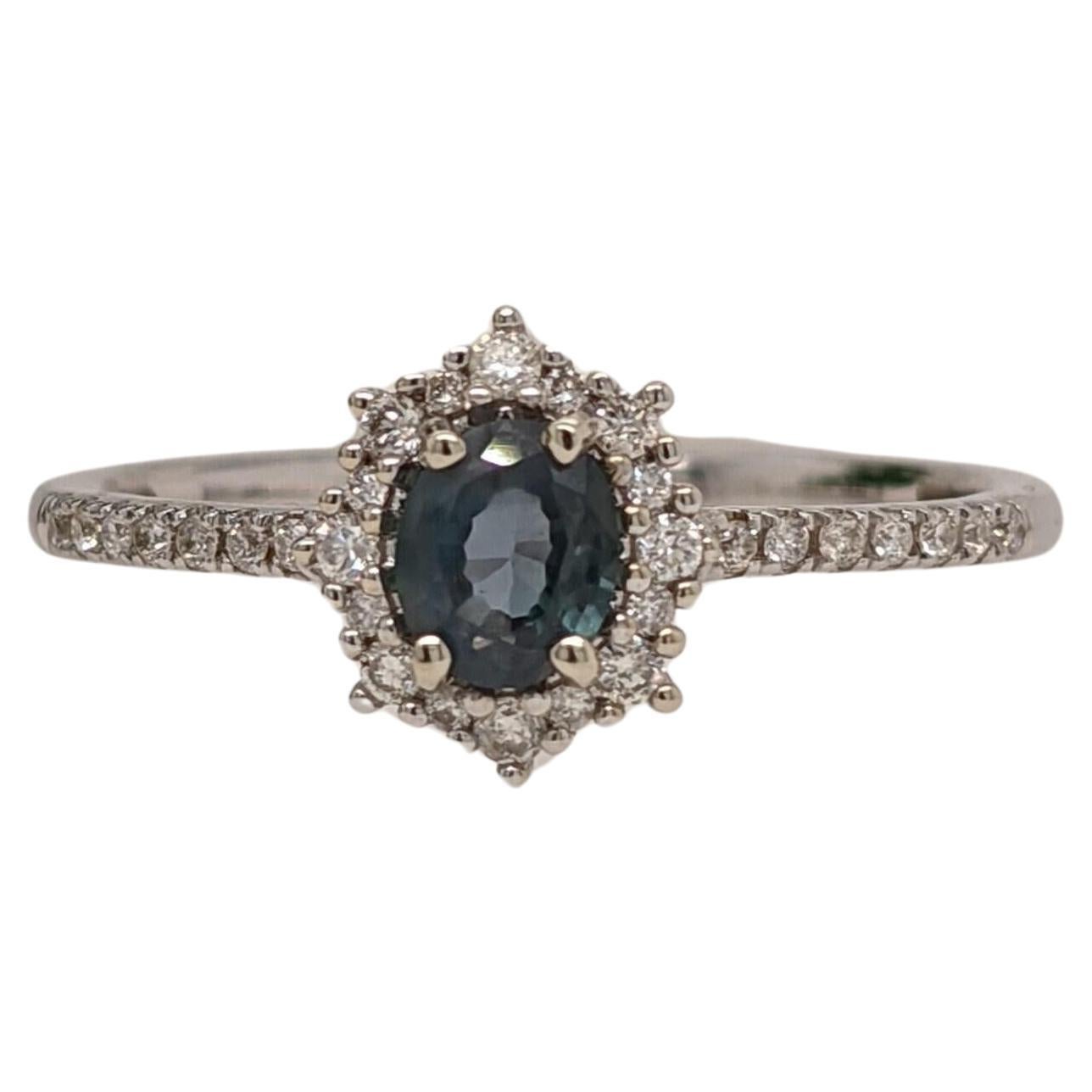Natural Alexandrite Ring w Diamond Halo in Solid 14k White Gold Oval 5x3.5mm For Sale