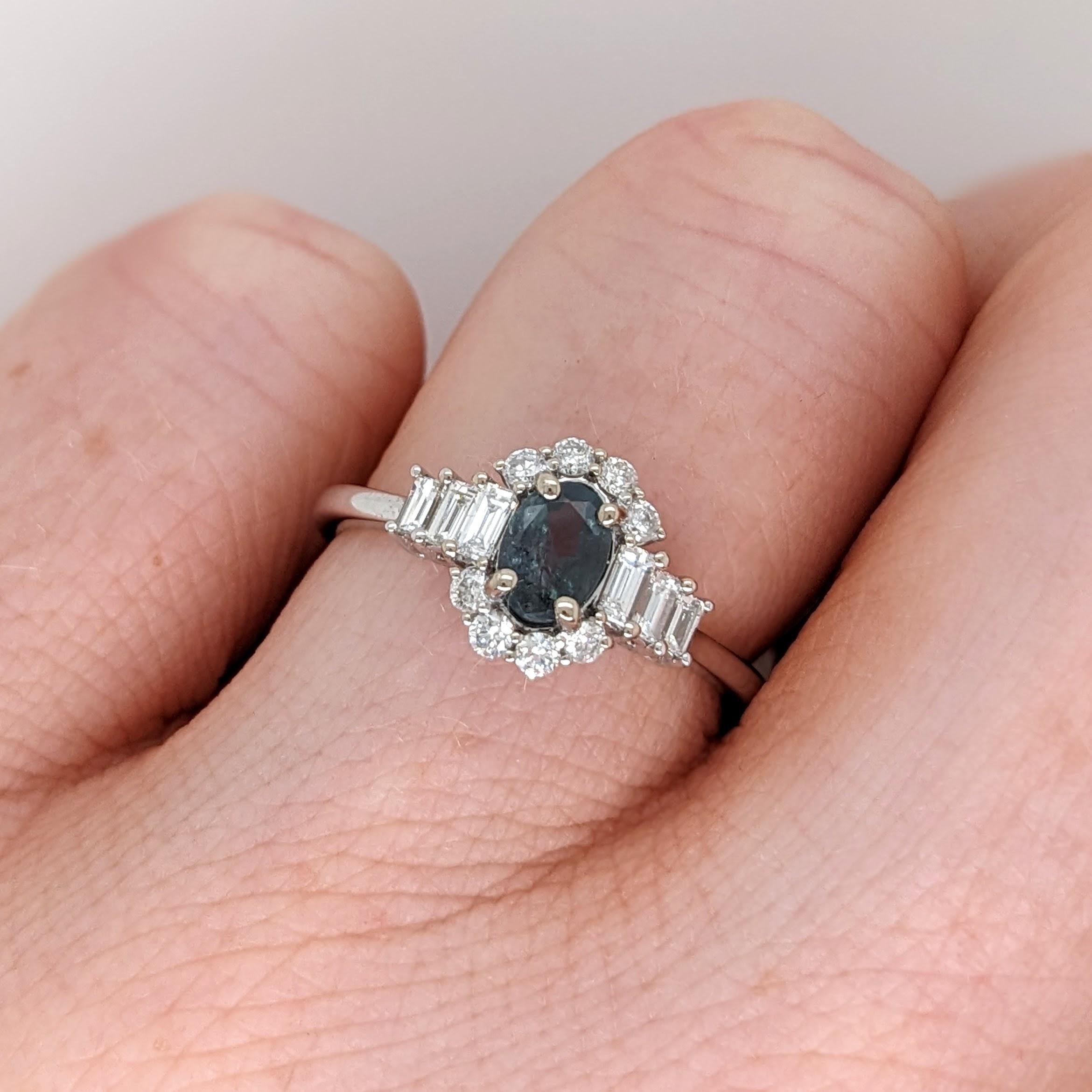 Women's Natural Alexandrite Ring w Diamond Halo in Solid 14K White Gold Oval 6x4mm For Sale