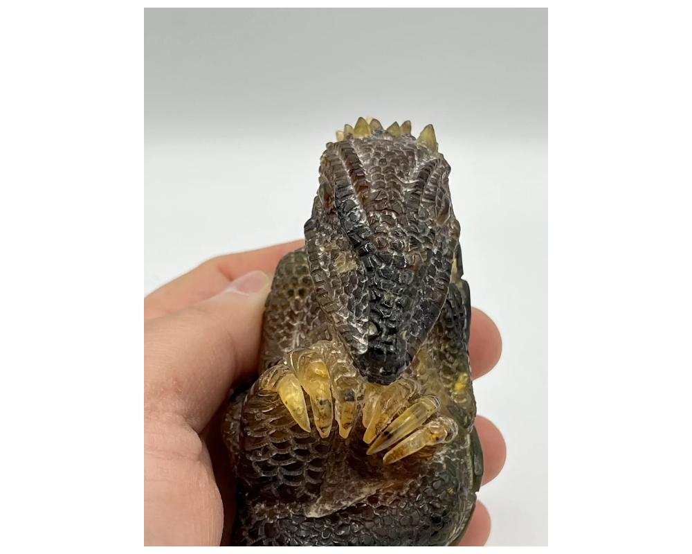 Multi-gemstone Natural Amber Hand Carved Figurine of a Dragon Dinosaur Egg