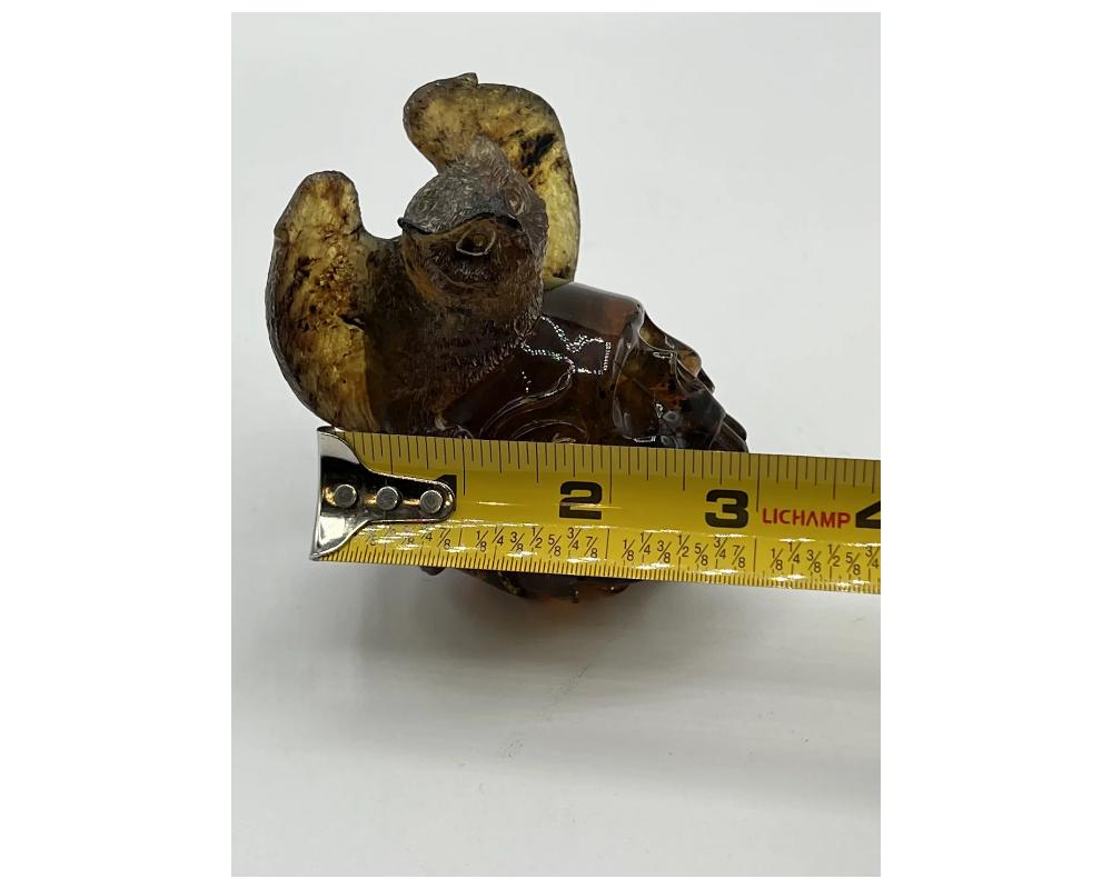 Natural Amber Hand Carved Figurine of a Skull with Owl For Sale 3