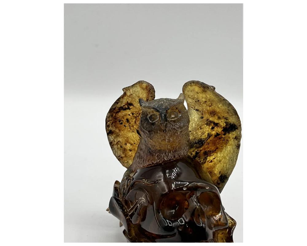 Natural Amber Hand Carved Figurine of a Skull with Owl For Sale 4