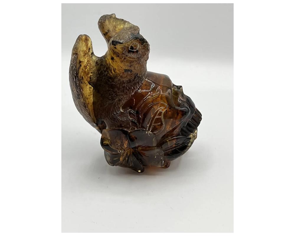 Natural Amber Hand Carved Figurine of a Skull with Owl For Sale 5