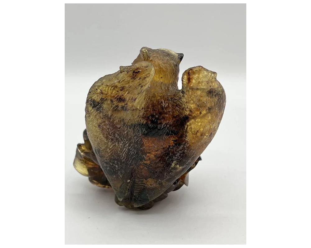 19th Century Natural Amber Hand Carved Figurine of a Skull with Owl For Sale
