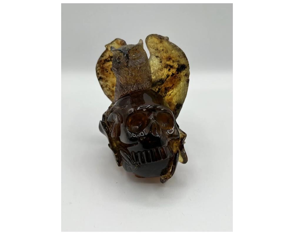 Multi-gemstone Natural Amber Hand Carved Figurine of a Skull with Owl For Sale