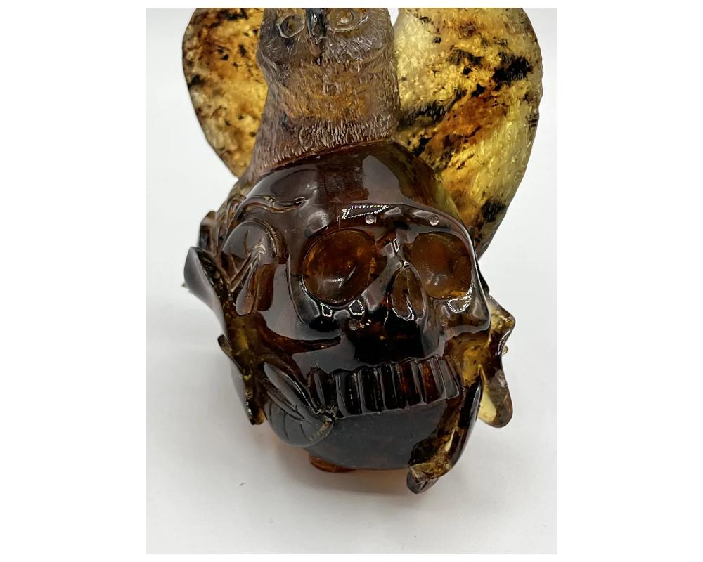 Natural Amber Hand Carved Figurine of a Skull with Owl For Sale 2