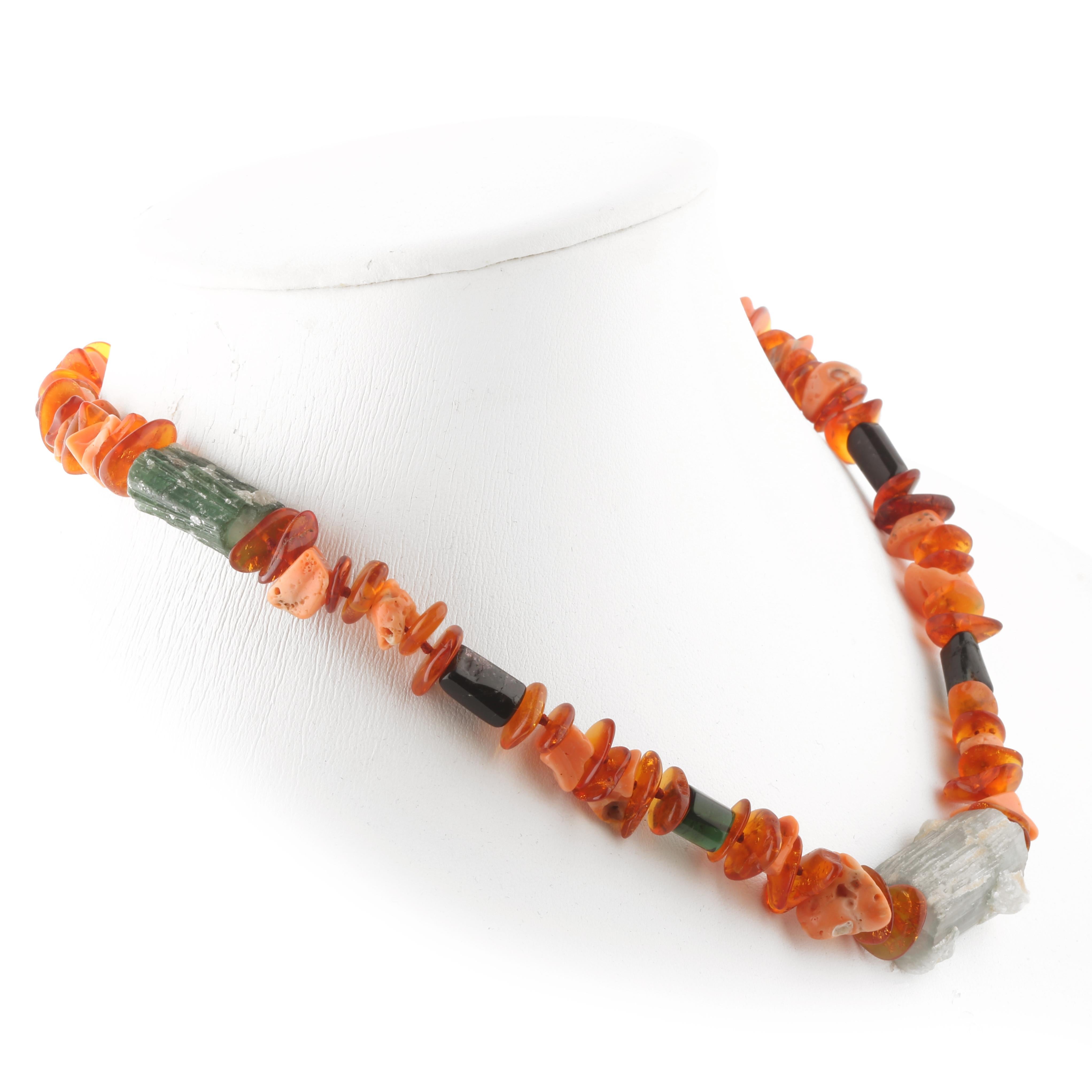 Mixed Cut Natural Amber Raw Coral Tourmaline Silver Chocker Beaded Necklace Intini Jewels For Sale