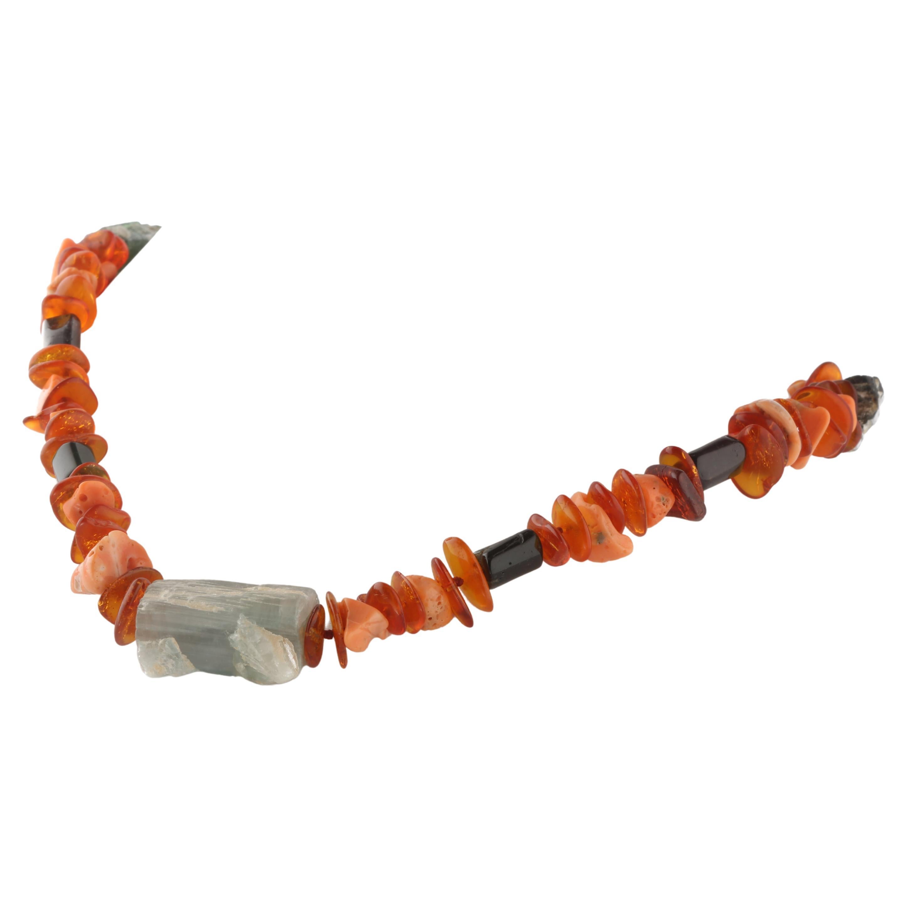 Natural Amber Raw Coral Tourmaline Silver Chocker Beaded Necklace Intini Jewels