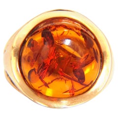 Natural Amber Ring 14 Karat Deco Mod Edge Design Vivid Orange Brown Color