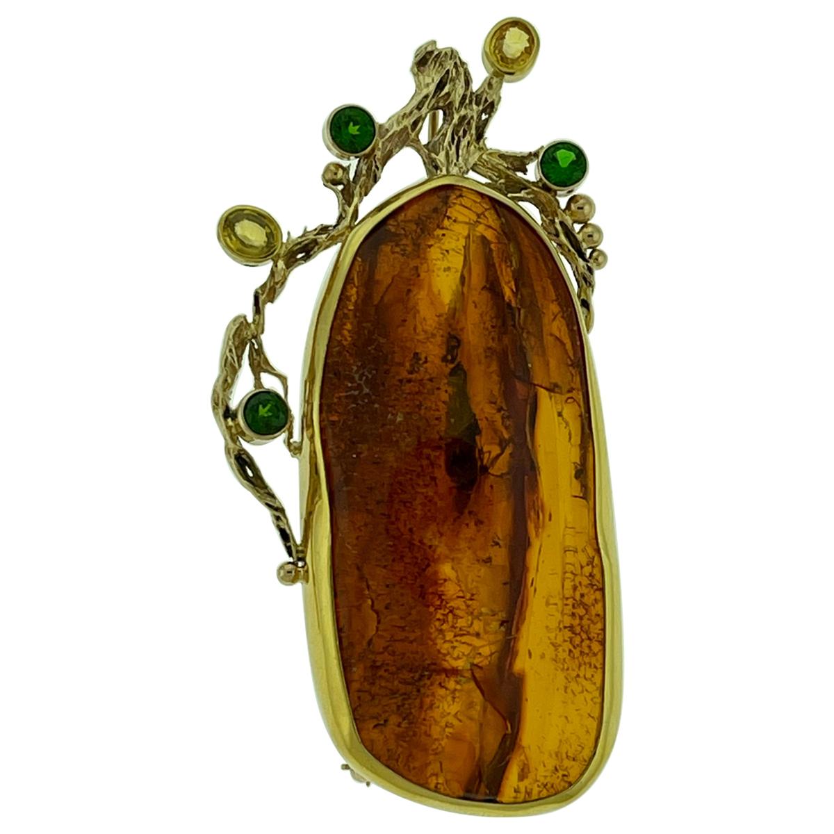Natural Amber Tsavorite and Yellow Sapphire Necklace / Pin 18 Karat Yellow Gold For Sale