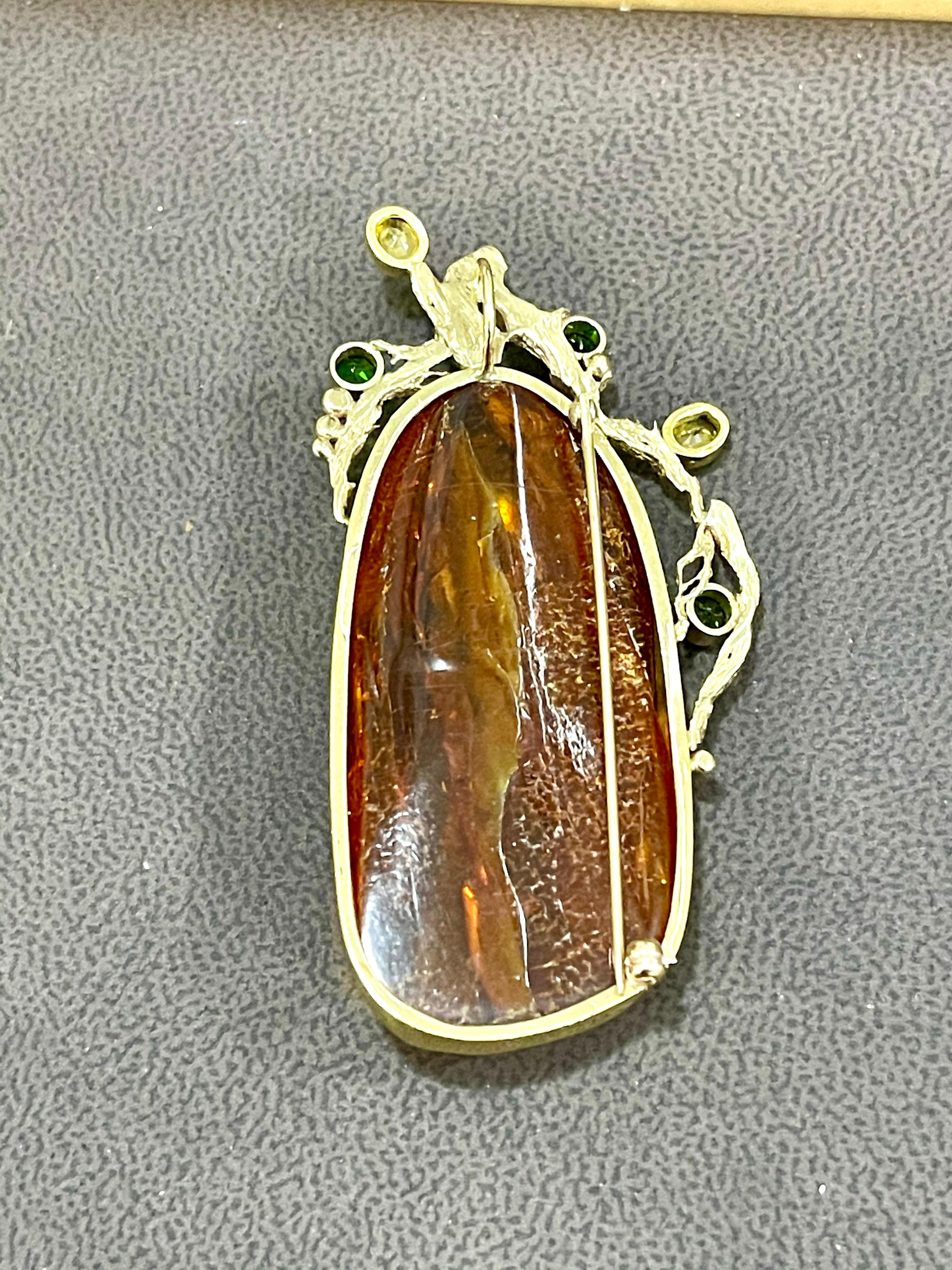 Natural Amber Tsavorite and Yellow Sapphire Necklace / Pin 18 Karat Yellow Gold For Sale 5