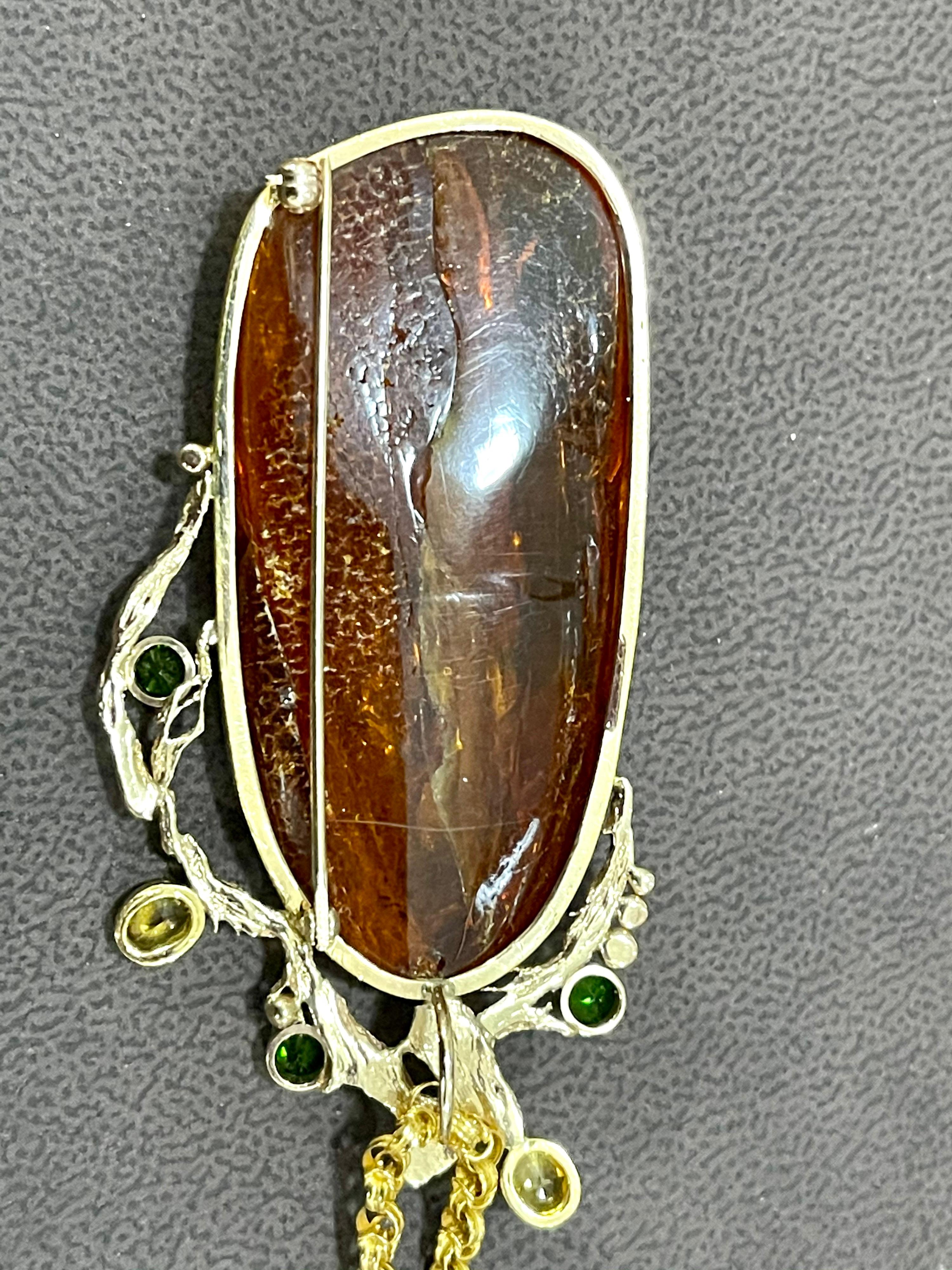 Natural Amber Tsavorite and Yellow Sapphire Necklace / Pin 18 Karat Yellow Gold For Sale 6