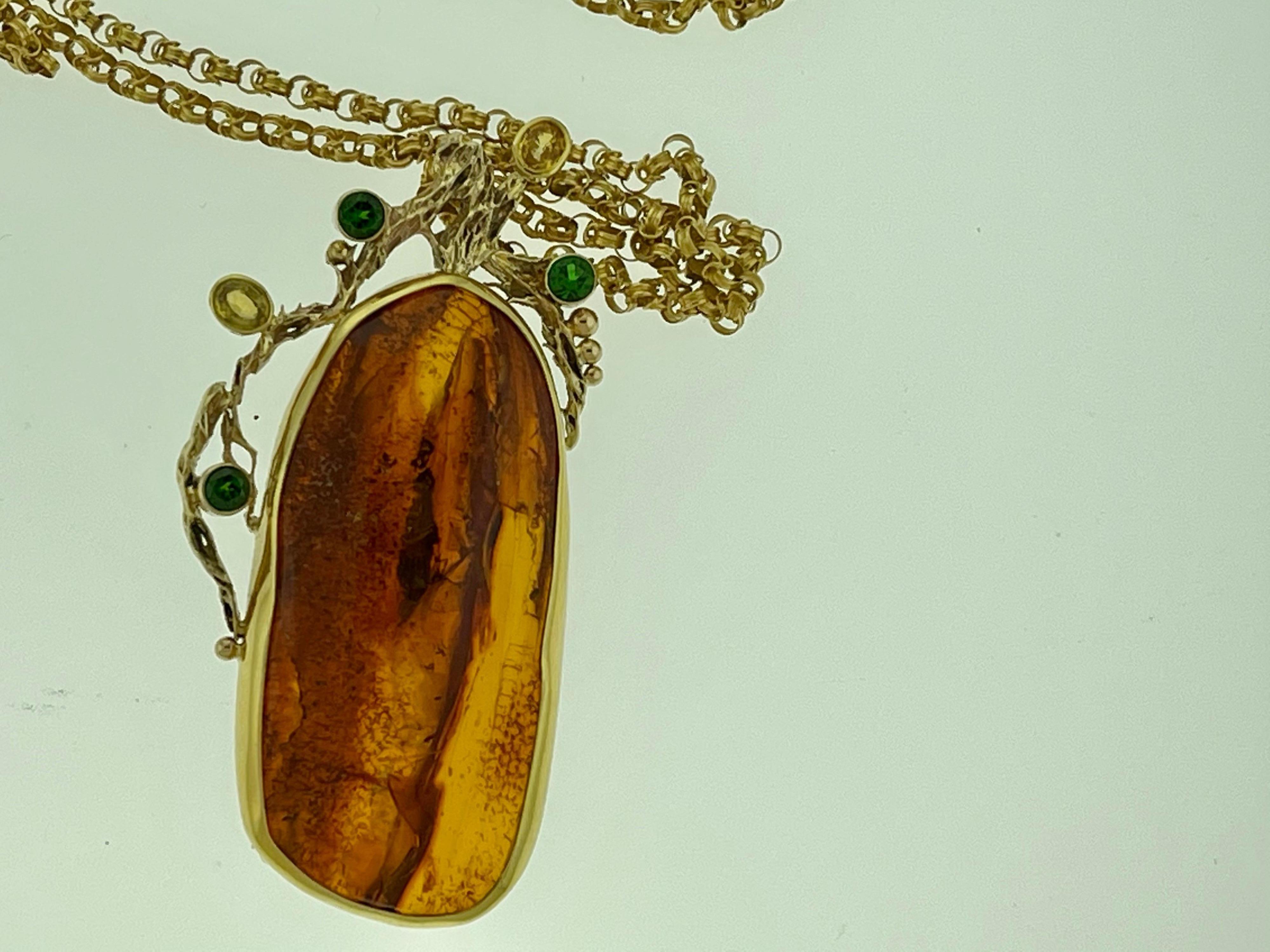 Rough Cut Natural Amber Tsavorite and Yellow Sapphire Necklace / Pin 18 Karat Yellow Gold For Sale