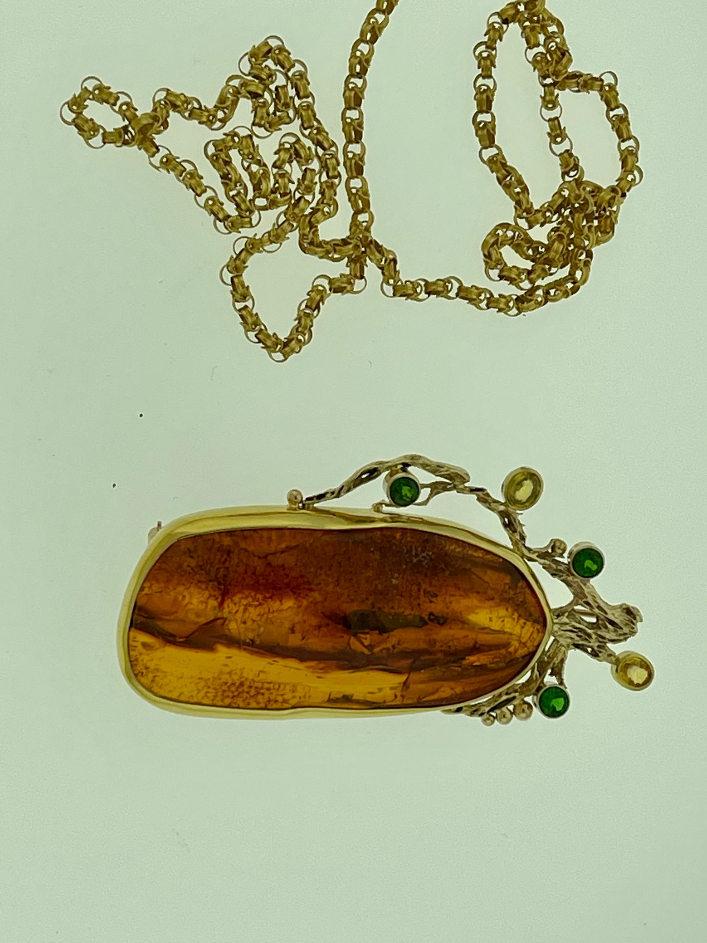 Natural Amber Tsavorite and Yellow Sapphire Necklace / Pin 18 Karat Yellow Gold For Sale 1