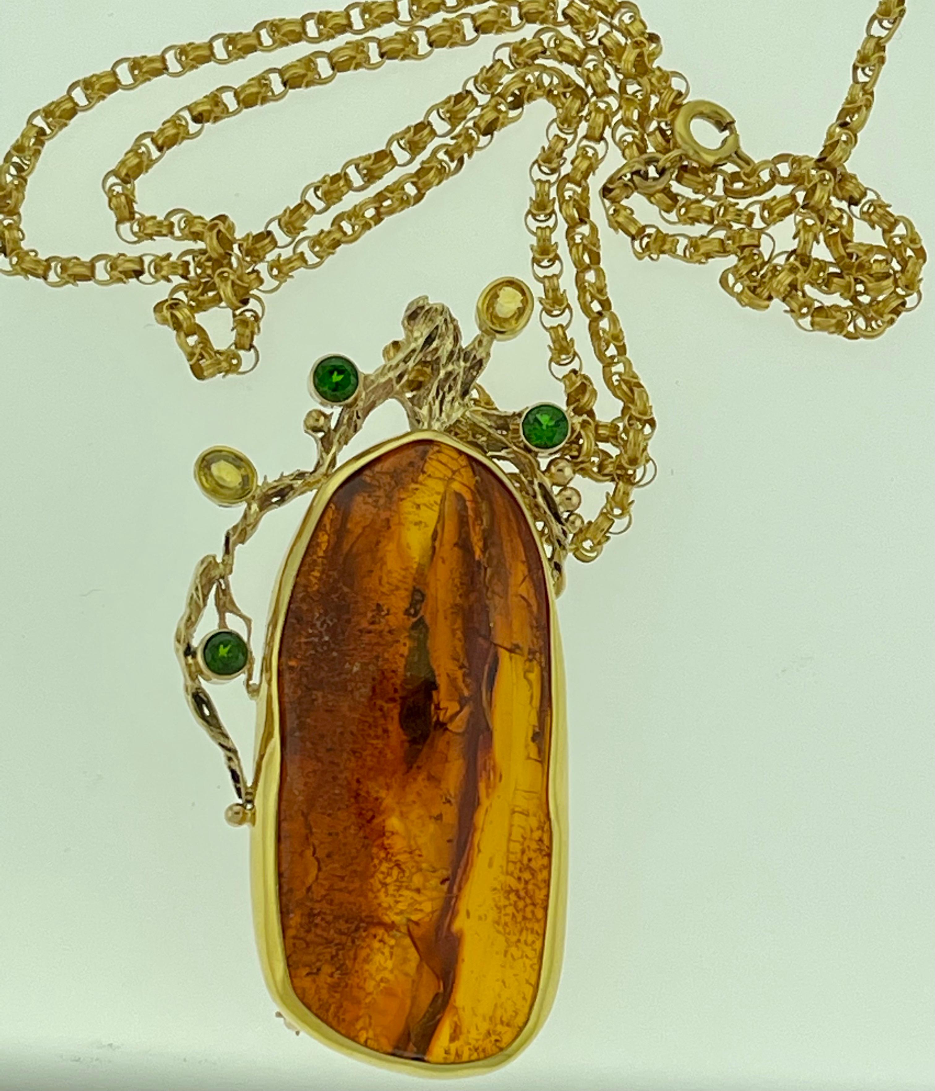 Natural Amber Tsavorite and Yellow Sapphire Necklace / Pin 18 Karat Yellow Gold For Sale 2