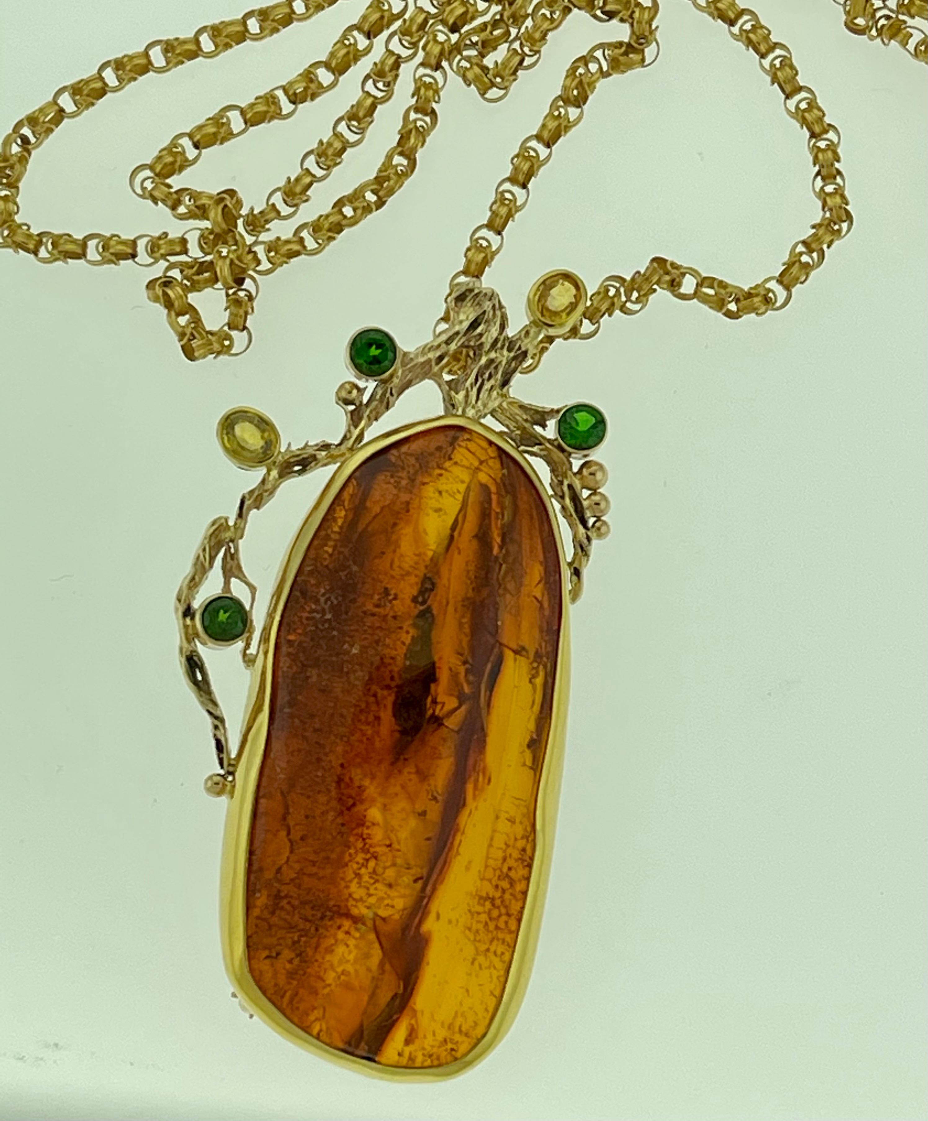 Natural Amber Tsavorite and Yellow Sapphire Necklace / Pin 18 Karat Yellow Gold For Sale 3