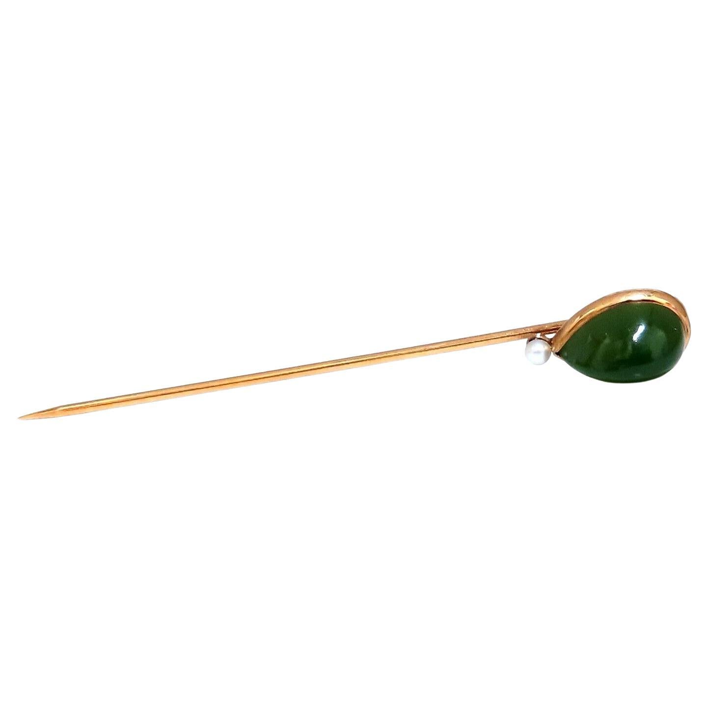 Natural American Green Jade Hat Stick Pin Scarf 14kt Gold For Sale