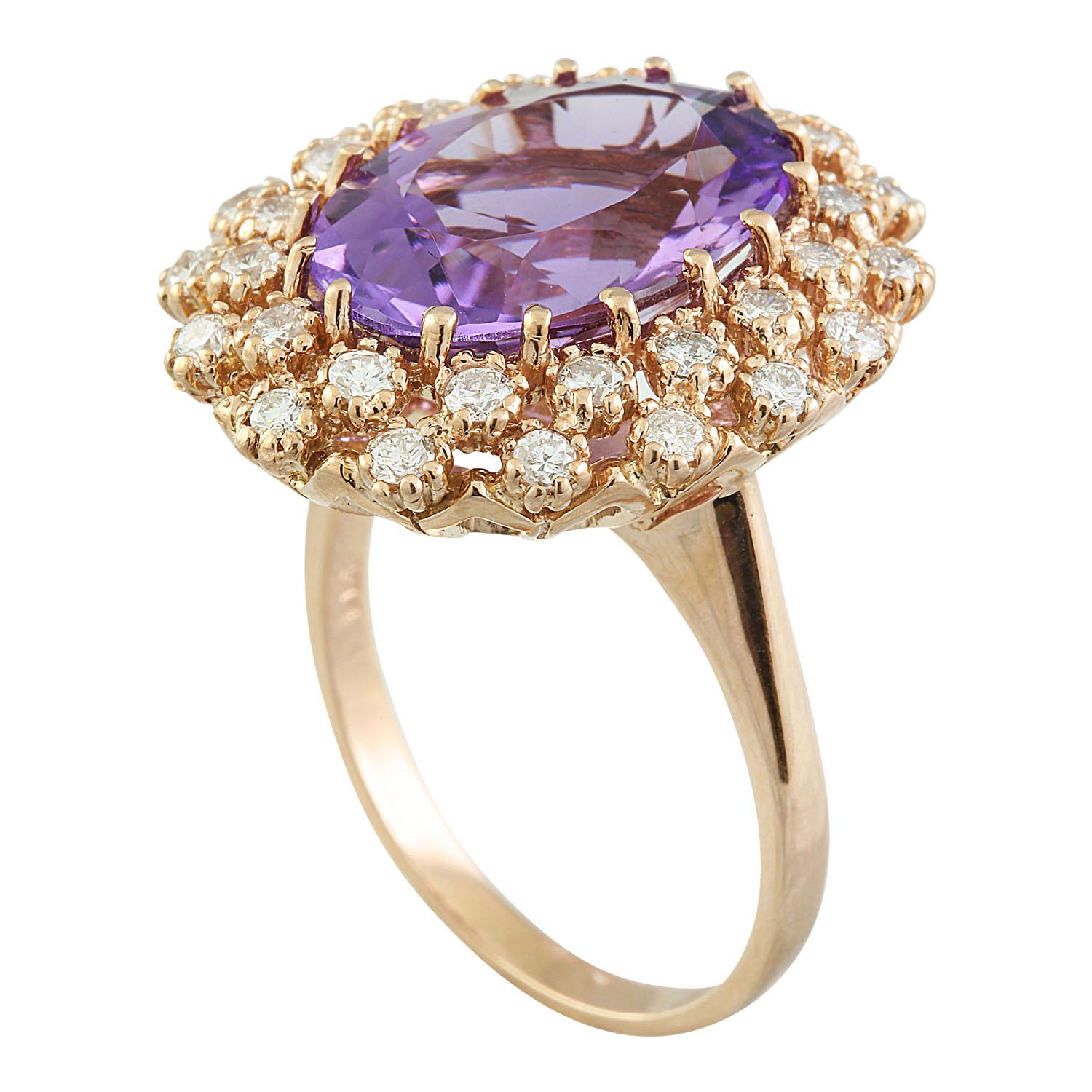 Oval Cut Natural Amethyst 14 Karat Solid Rose Gold Diamond Ring For Sale